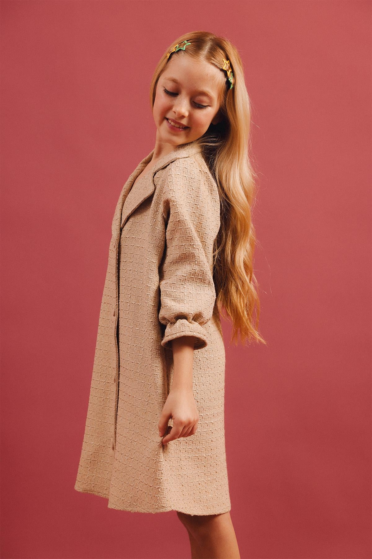 Kız Çocuk Düğmeli Kemerli Fakir Kol Trençkot Elbise – Özel Gün Kombini