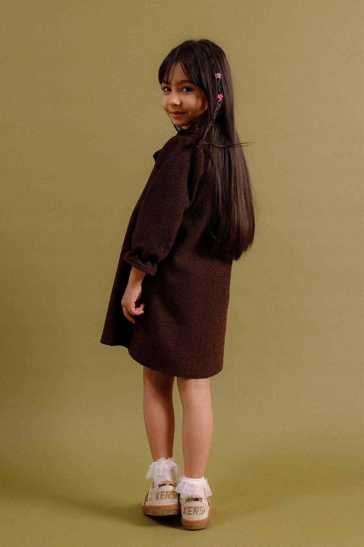 Kız Çocuk Düğmeli Kemerli Fakir Kol Trençkot Elbise – Özel Gün Kombini