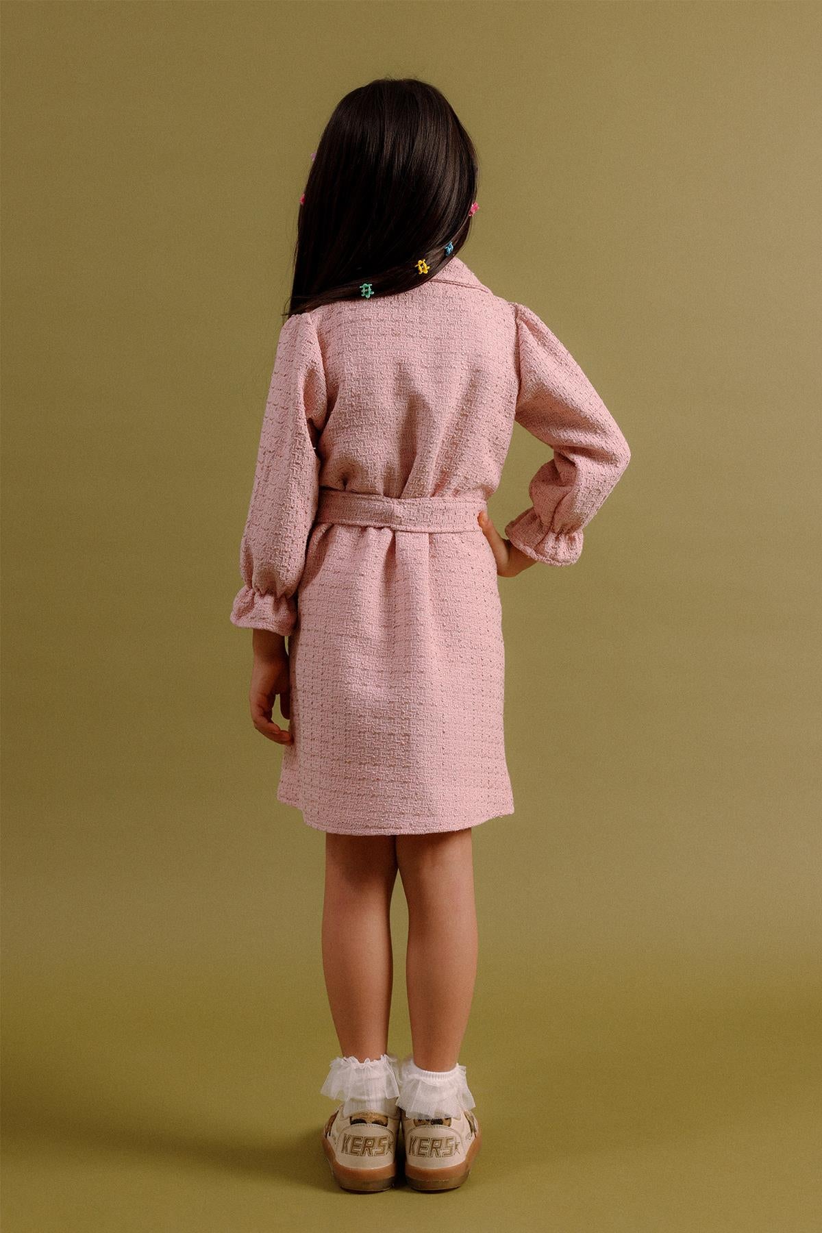 Kız Çocuk Düğmeli Kemerli Fakir Kol Trençkot Elbise – Özel Gün Kombini