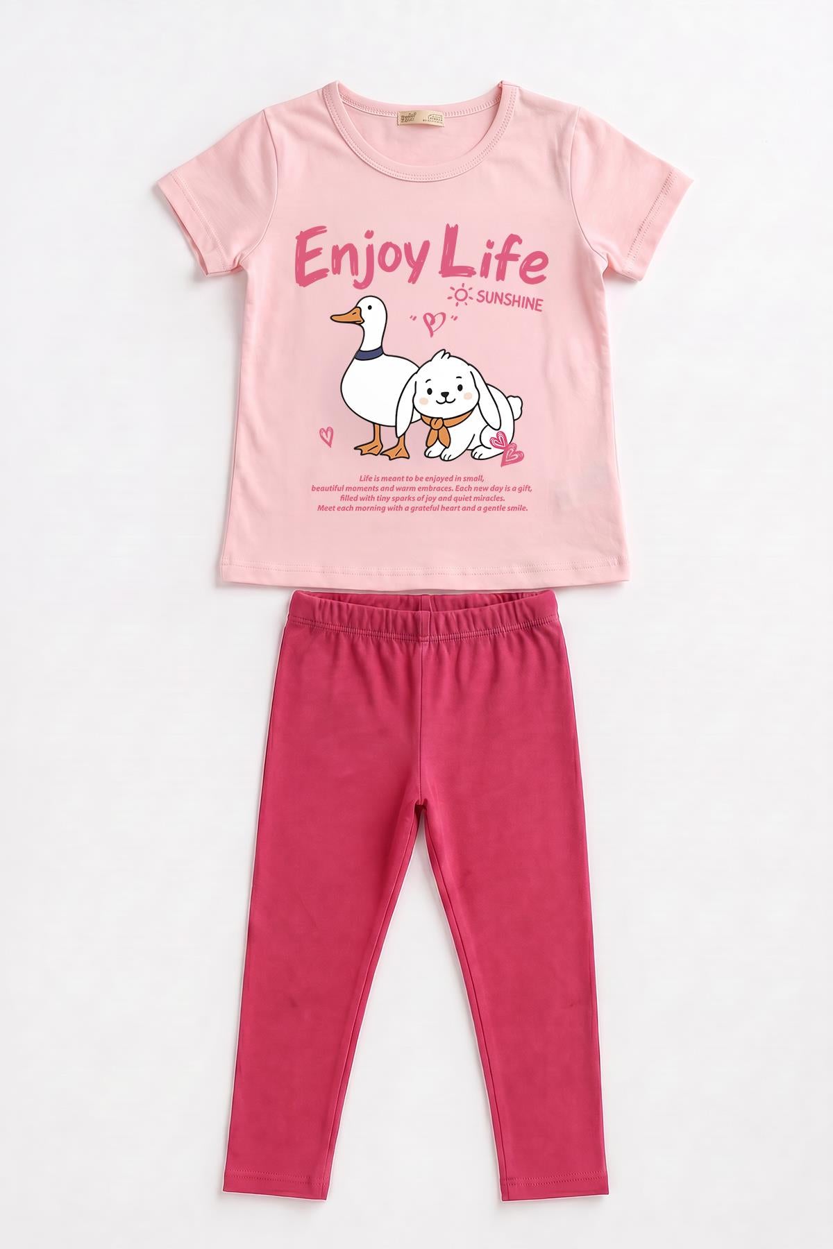 Kız Çocuk Enjoy Life Baskılı Kısa Kollu Tişört ve Tayt Takımı