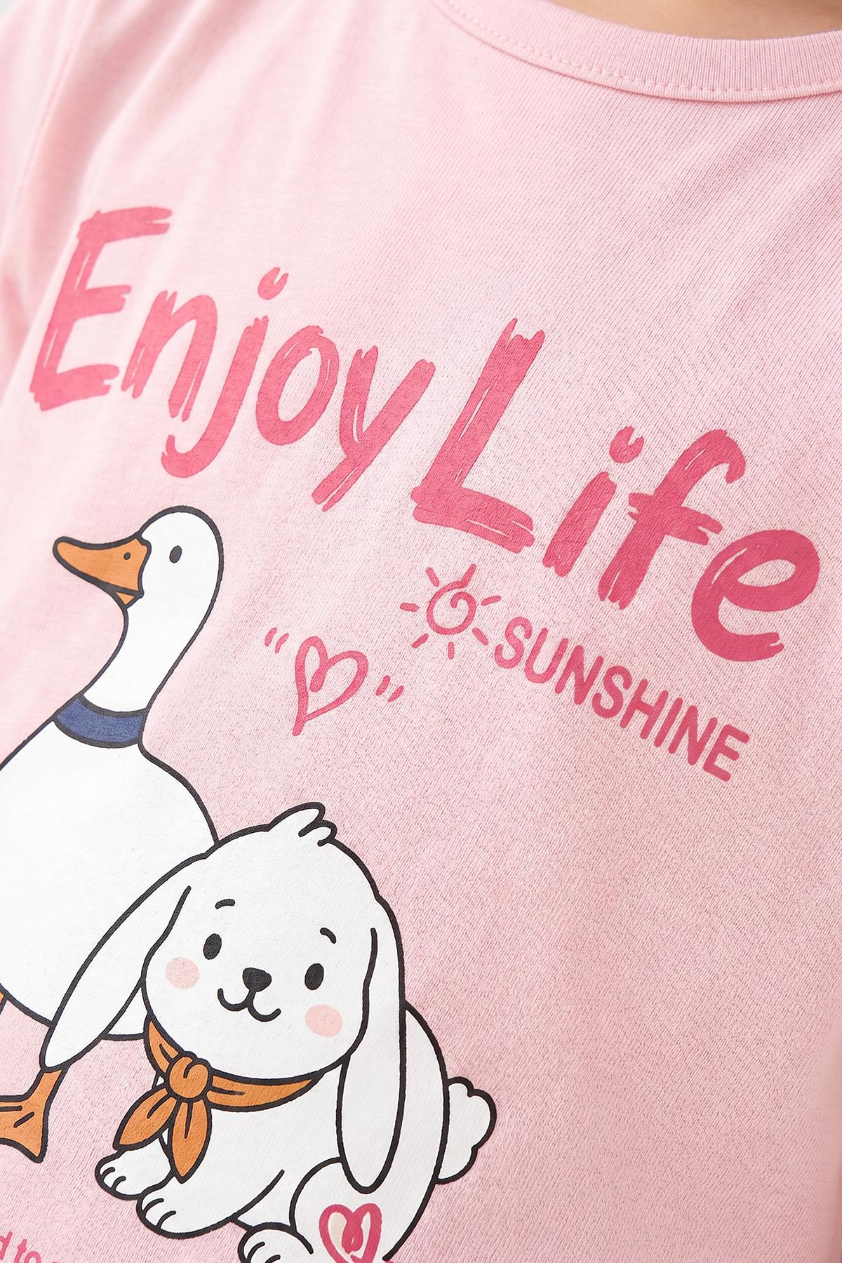 Kız Çocuk Enjoy Life Baskılı Kısa Kollu Tişört ve Tayt Takımı