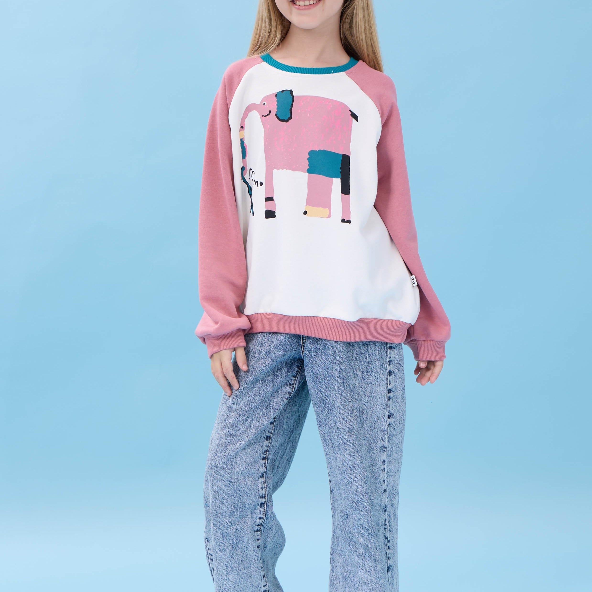 Kız Çocuk Fil Baskılı Bisiklet Yaka Oversize Mevsimlik Sweatshirt