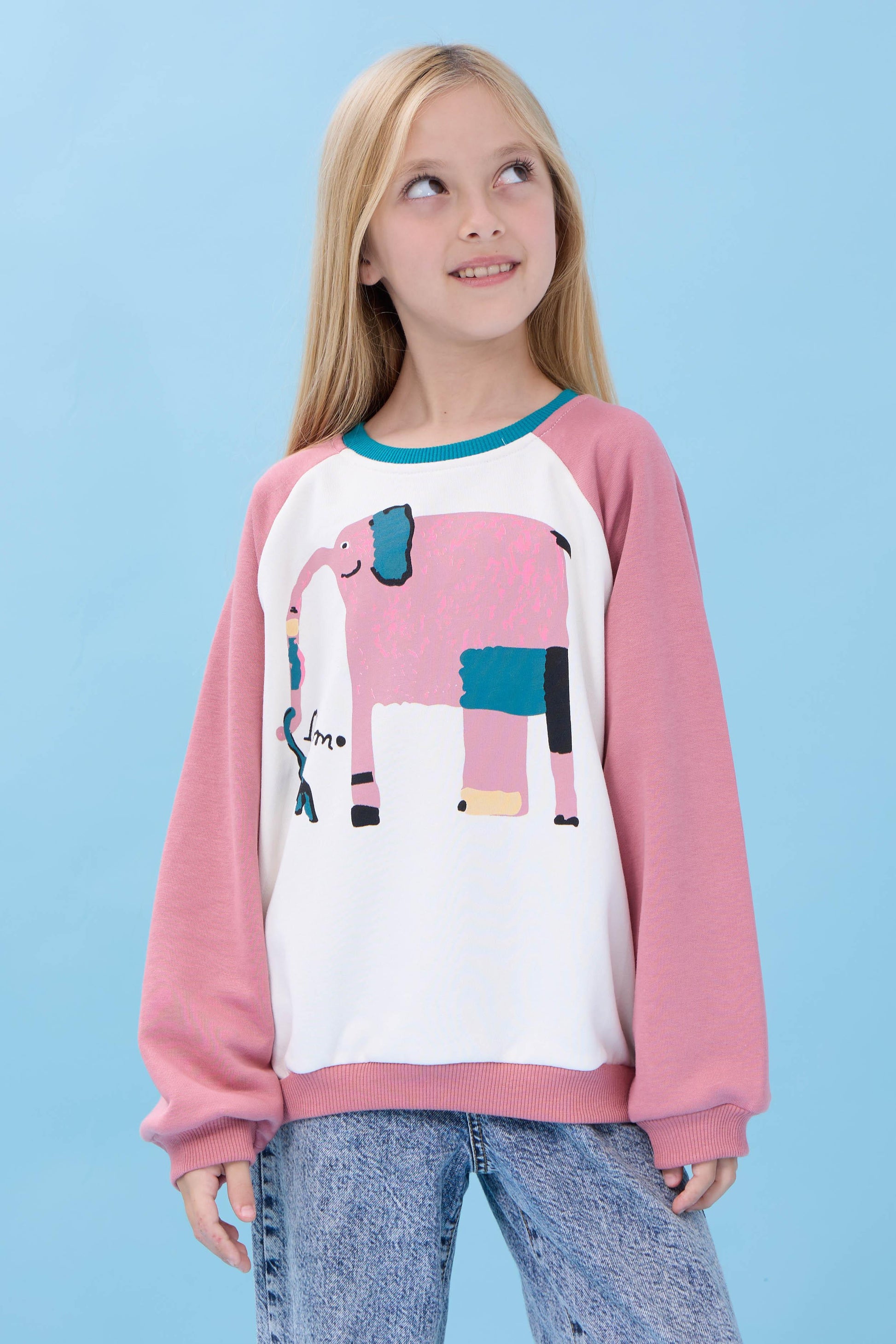 Kız Çocuk Fil Baskılı Bisiklet Yaka Oversize Mevsimlik Sweatshirt