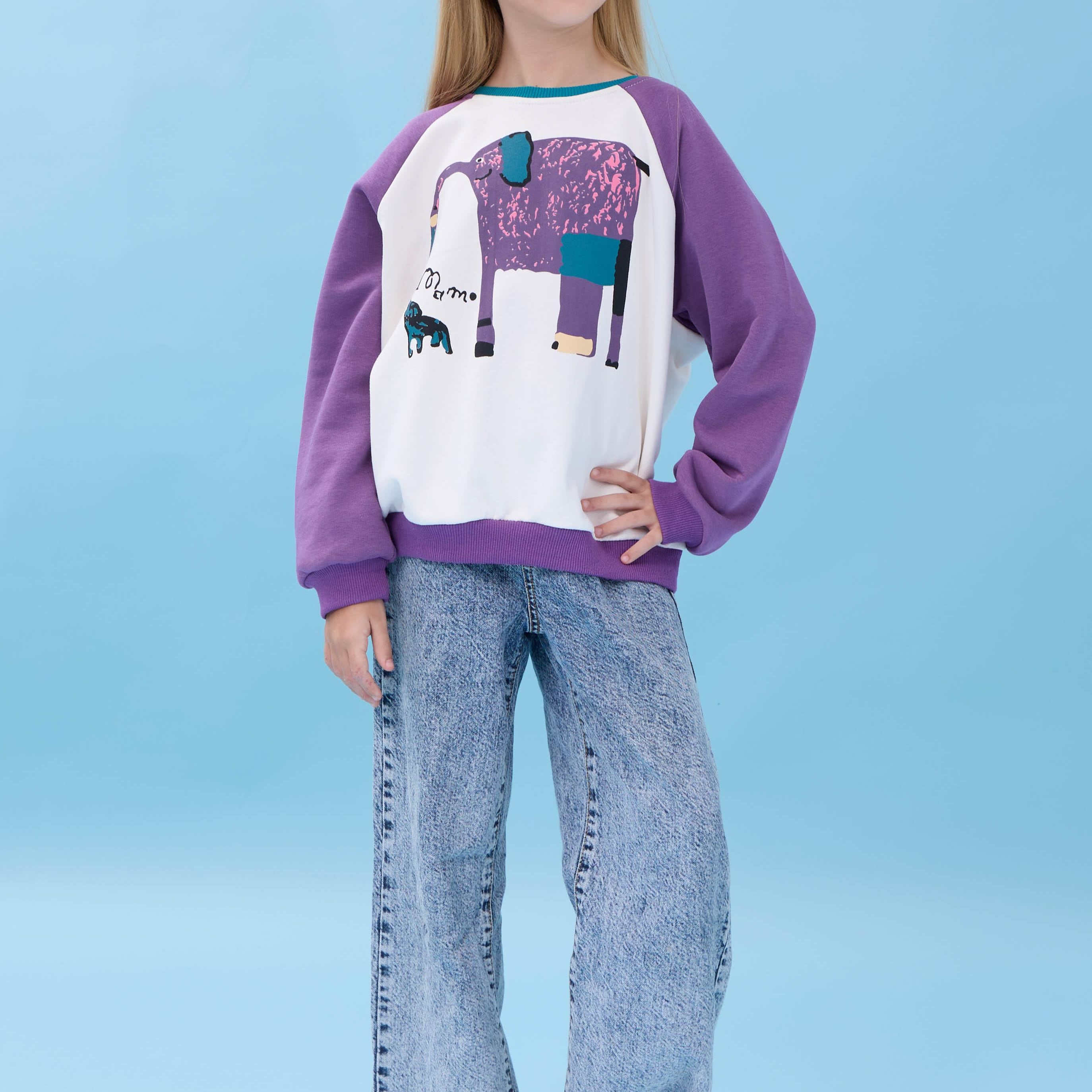 Kız Çocuk Fil Baskılı Bisiklet Yaka Oversize Mevsimlik Sweatshirt