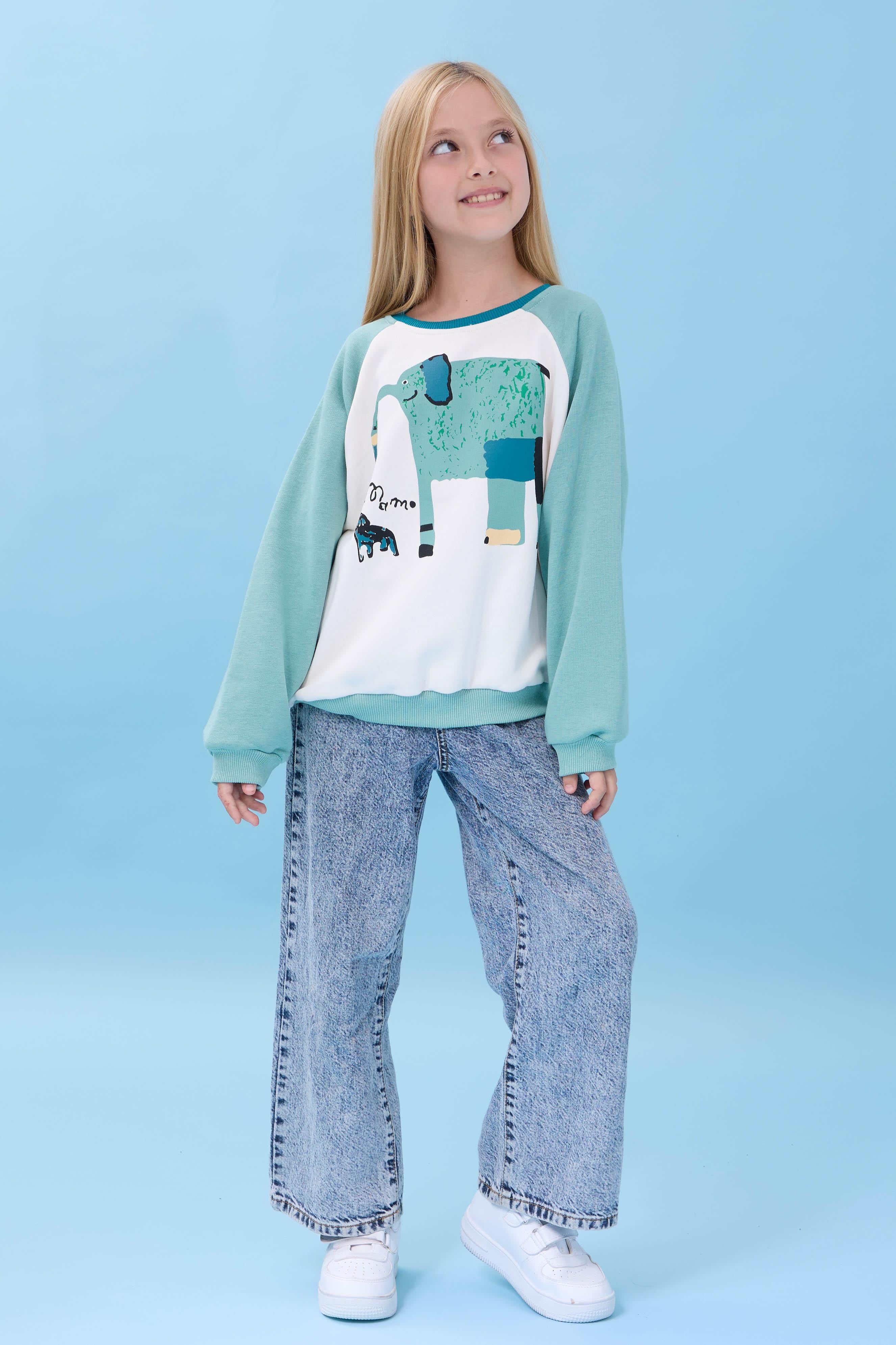 Kız Çocuk Fil Baskılı Bisiklet Yaka Oversize Mevsimlik Sweatshirt - Ekru/Çağla