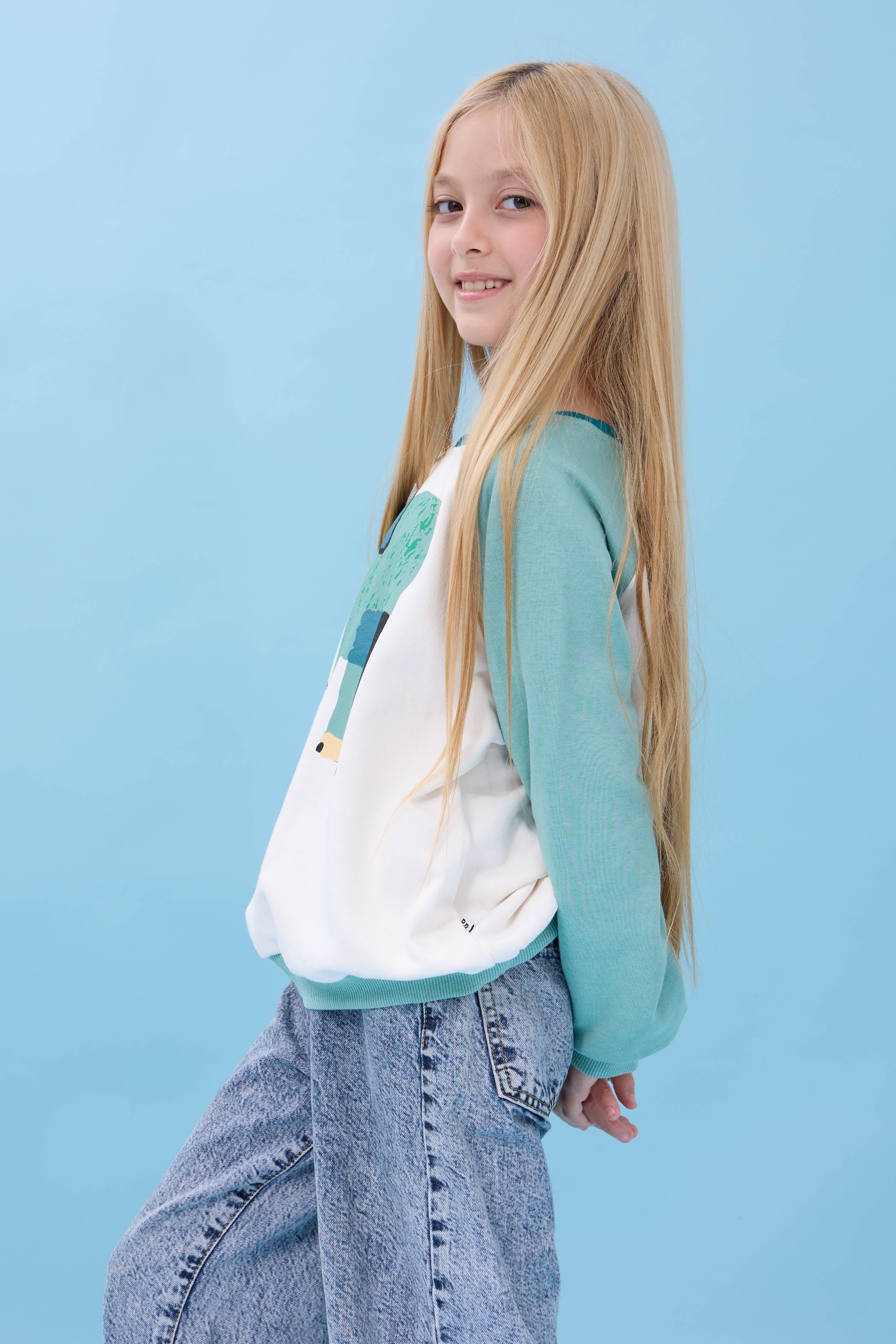 Kız Çocuk Fil Baskılı Bisiklet Yaka Oversize Mevsimlik Sweatshirt - Ekru/Çağla