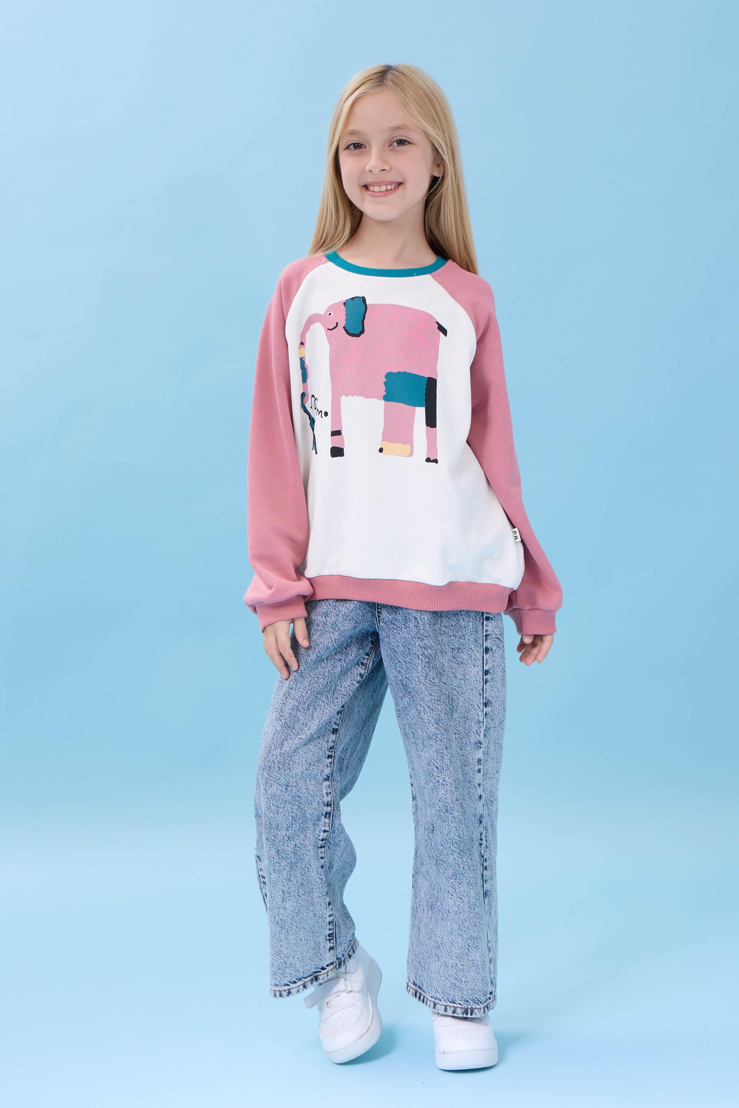 Kız Çocuk Fil Baskılı Bisiklet Yaka Oversize Mevsimlik Sweatshirt - Ekru/Gül Kurusu