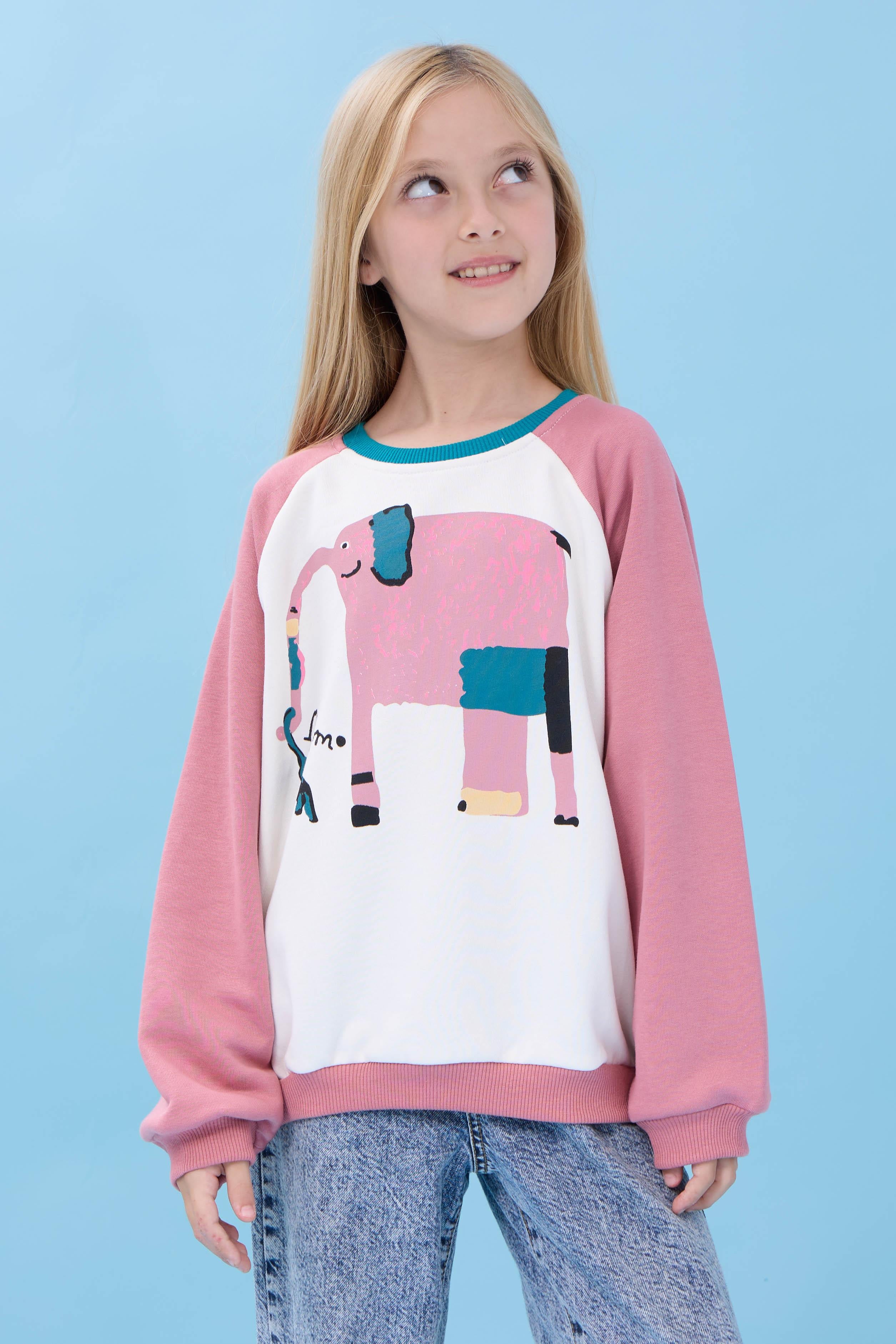 Kız Çocuk Fil Baskılı Bisiklet Yaka Oversize Mevsimlik Sweatshirt - Ekru/Gül Kurusu