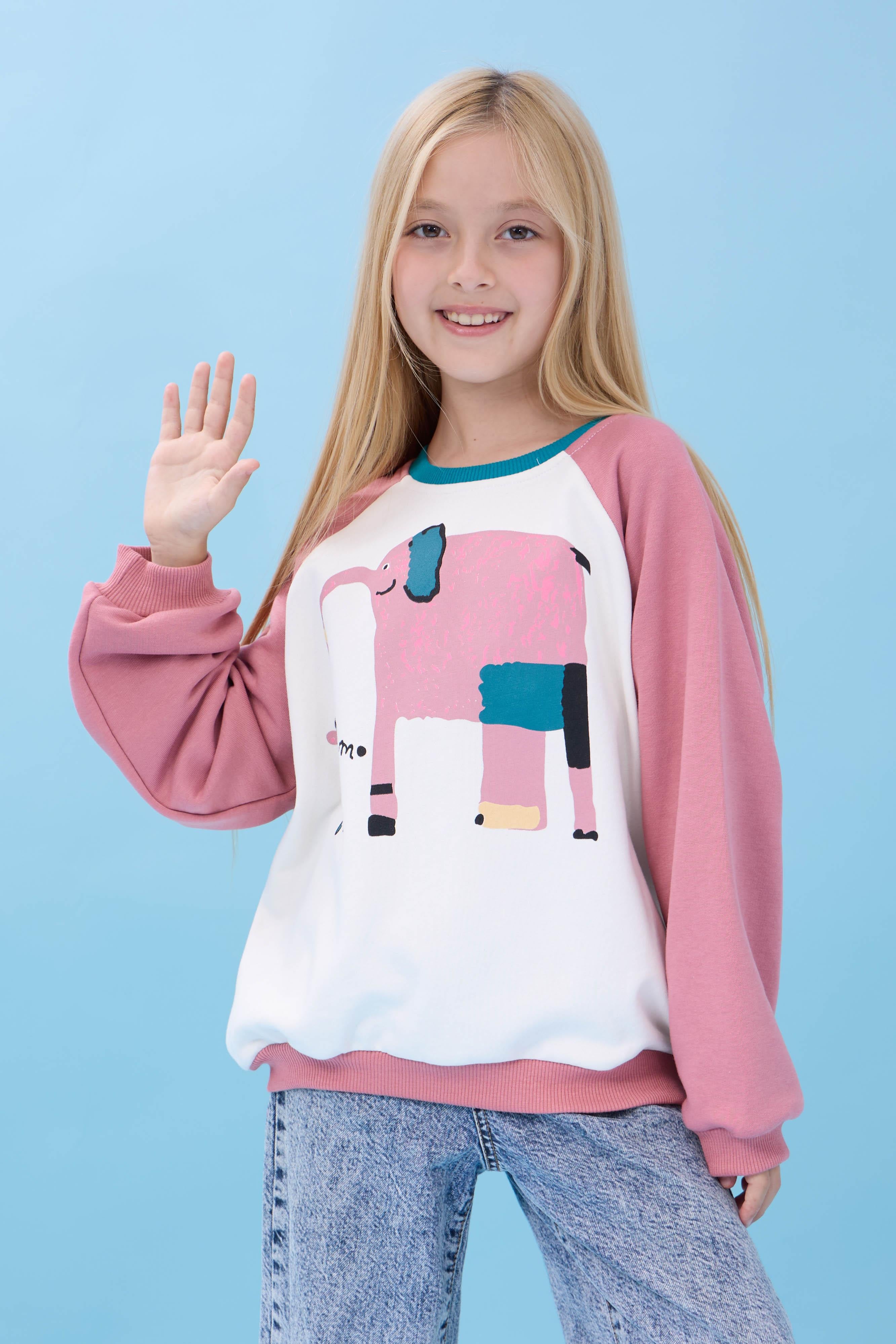 Kız Çocuk Fil Baskılı Bisiklet Yaka Oversize Mevsimlik Sweatshirt - Ekru/Gül Kurusu