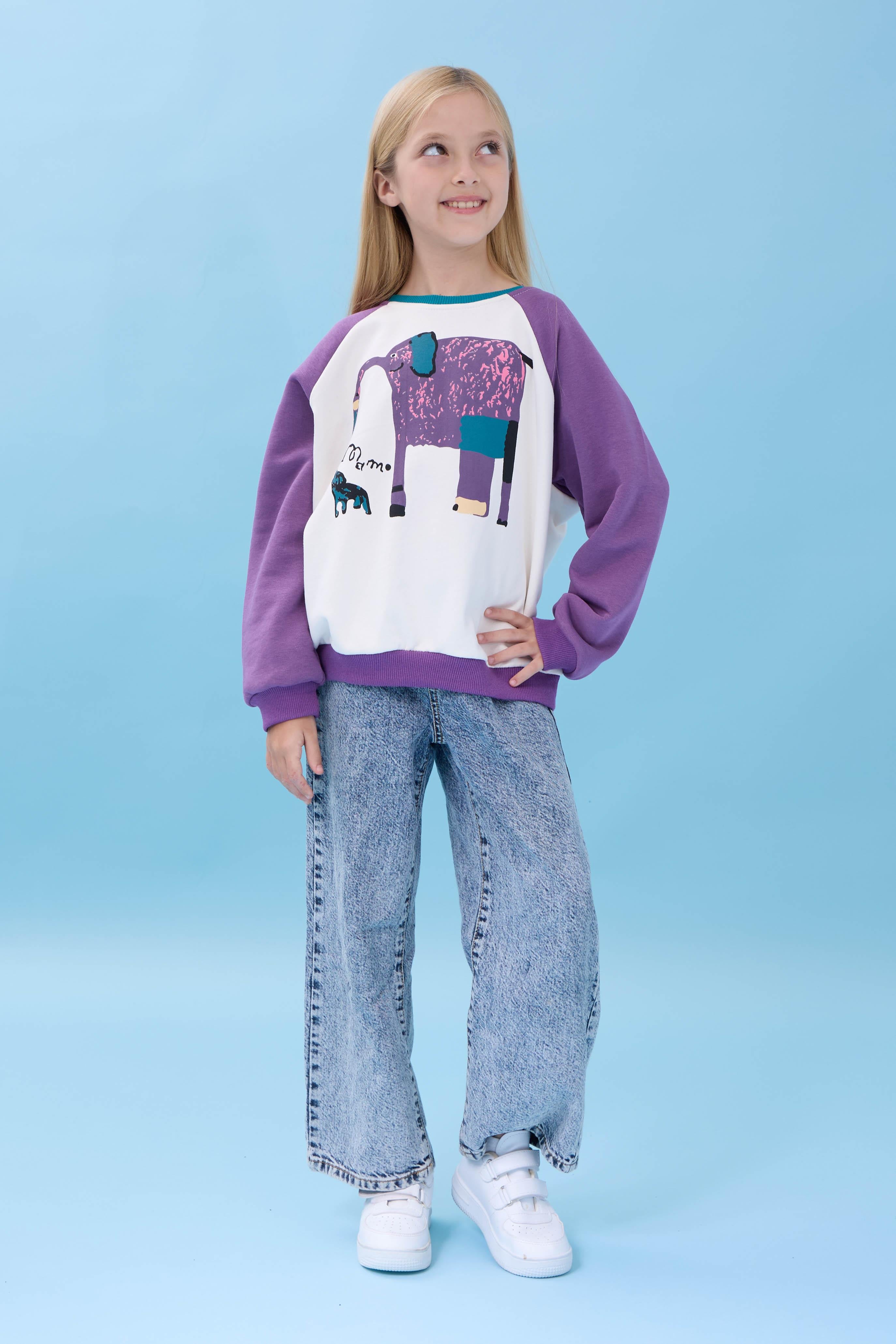 Kız Çocuk Fil Baskılı Bisiklet Yaka Oversize Mevsimlik Sweatshirt - Ekru/Mor