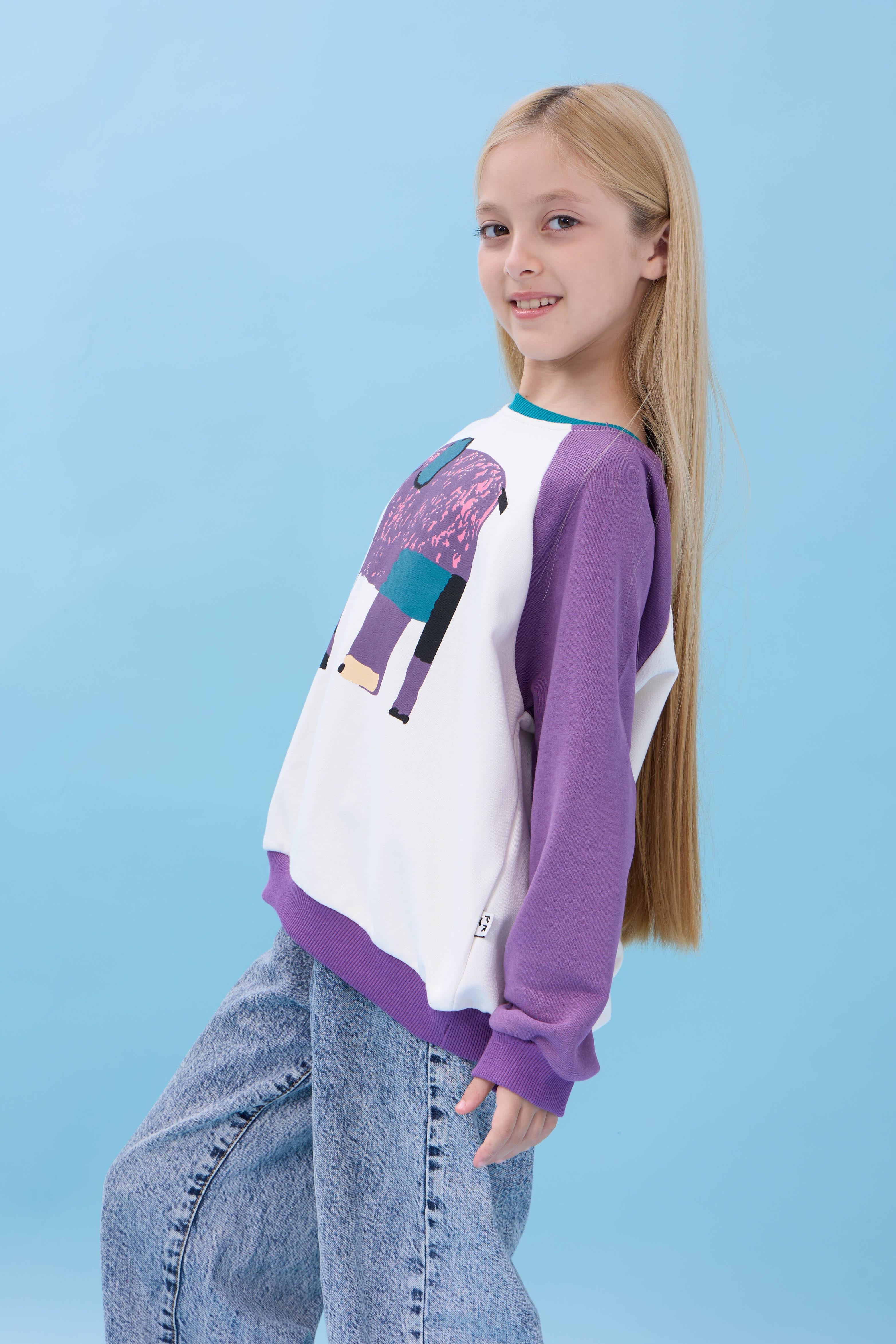 Kız Çocuk Fil Baskılı Bisiklet Yaka Oversize Mevsimlik Sweatshirt - Ekru/Mor