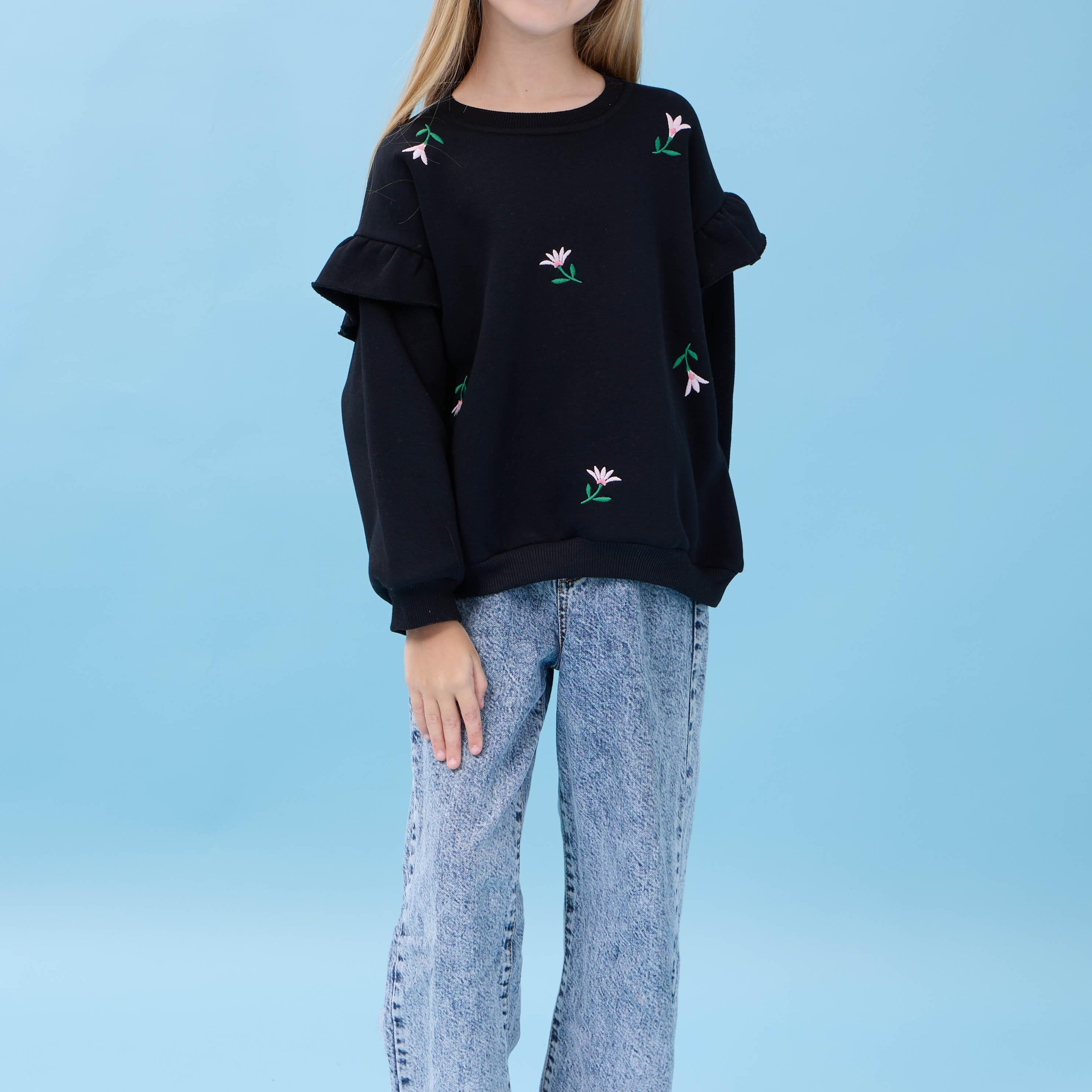Kız Çocuk Fırfır Detaylı Çiçek İşlemeli Şardonlu Oversize Sweatshirt