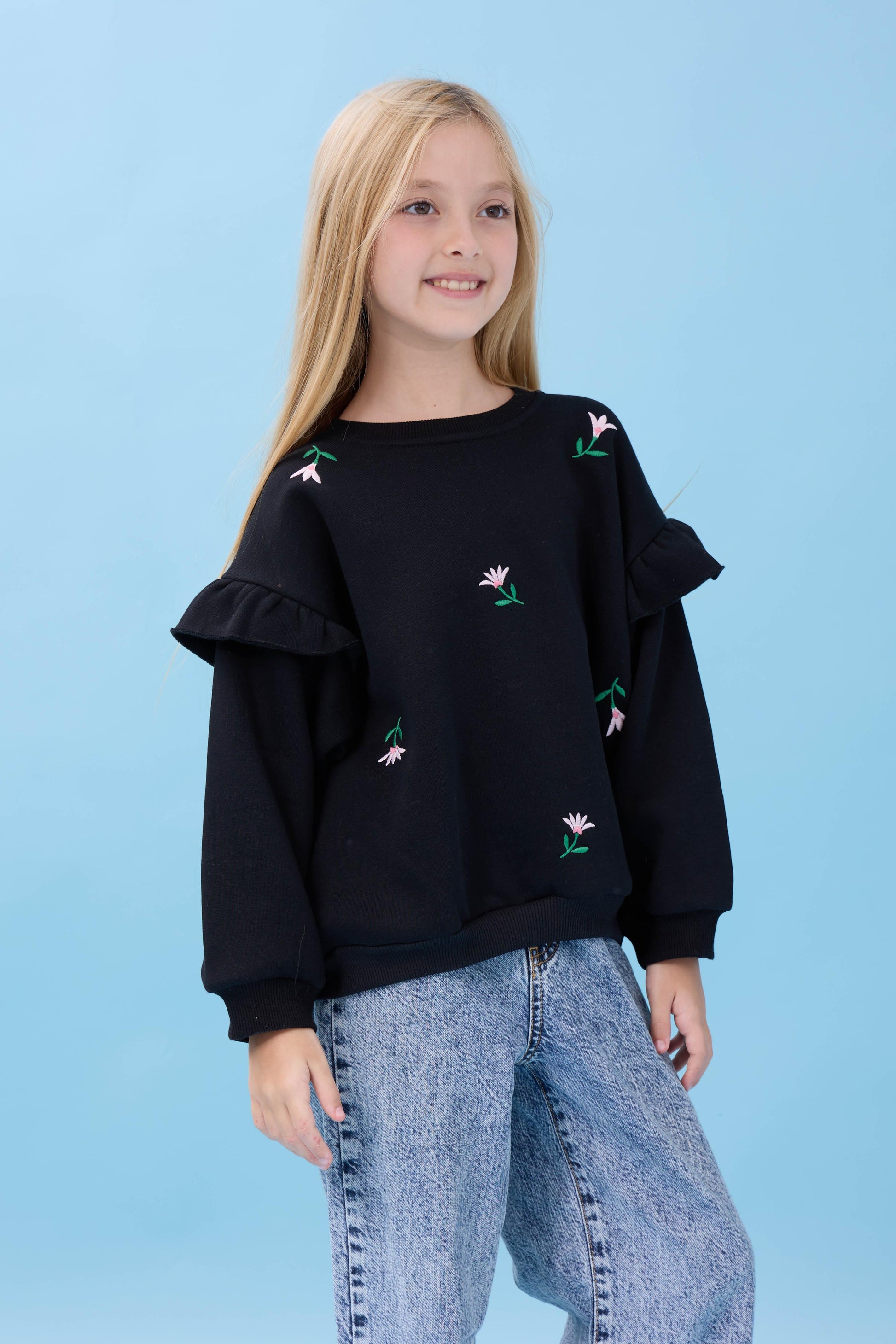 Kız Çocuk Fırfır Detaylı Çiçek İşlemeli Şardonlu Oversize Sweatshirt