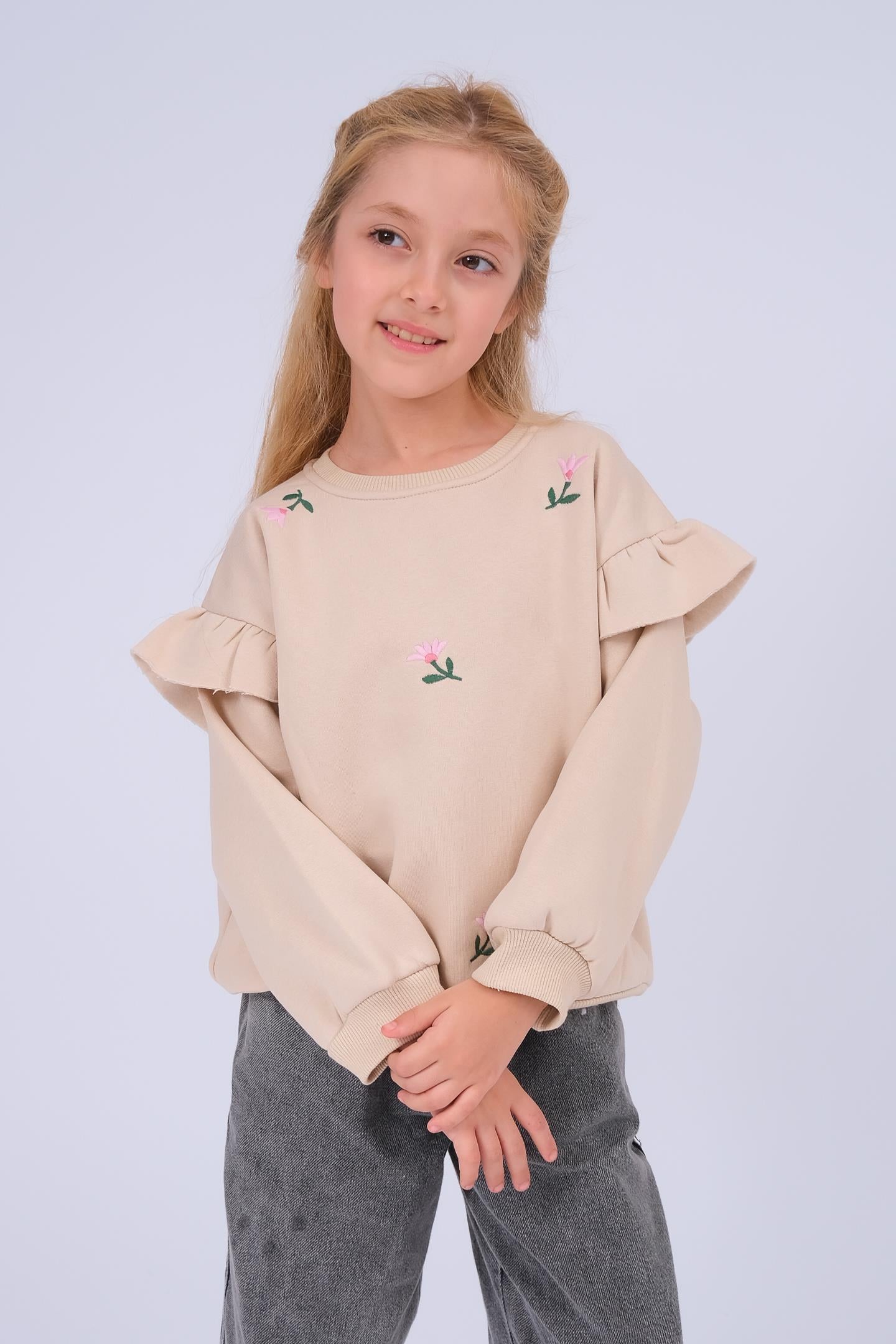 Kız Çocuk Fırfır Detaylı Çiçek İşlemeli Şardonlu Oversize Sweatshirt