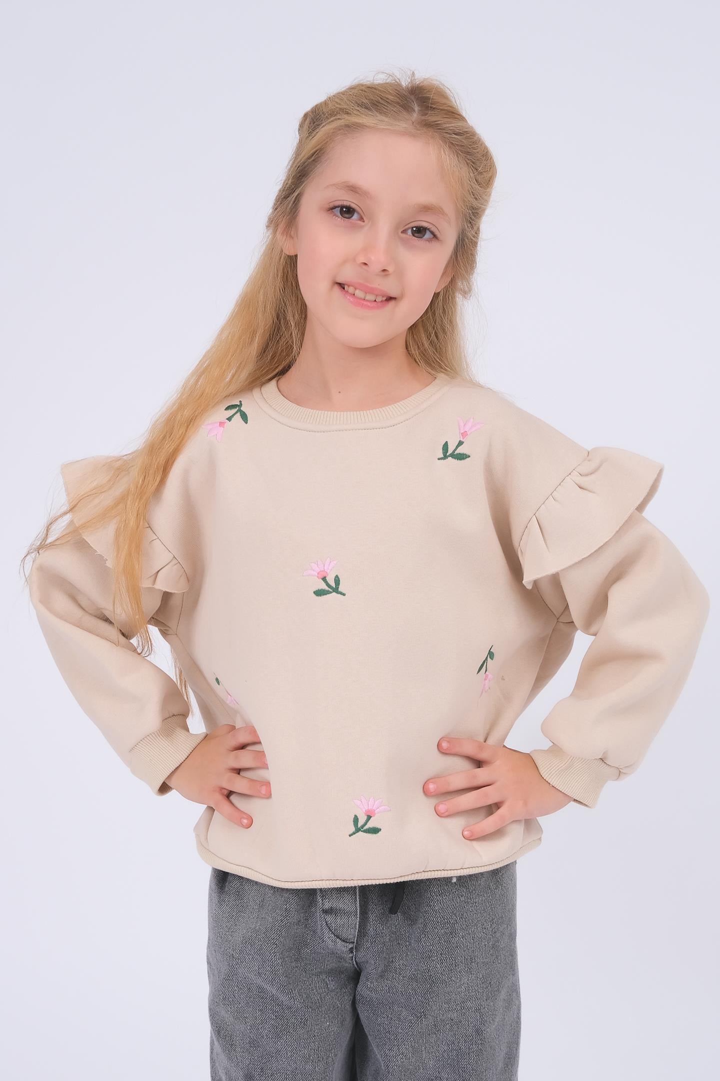 Kız Çocuk Fırfır Detaylı Çiçek İşlemeli Şardonlu Oversize Sweatshirt