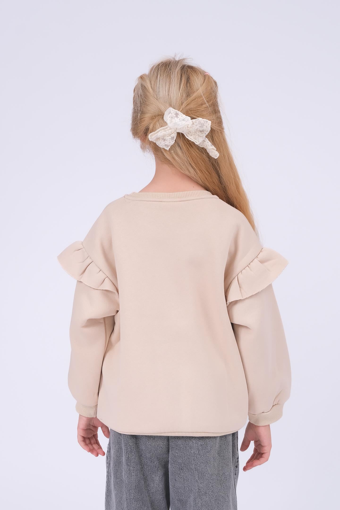 Kız Çocuk Fırfır Detaylı Çiçek İşlemeli Şardonlu Oversize Sweatshirt