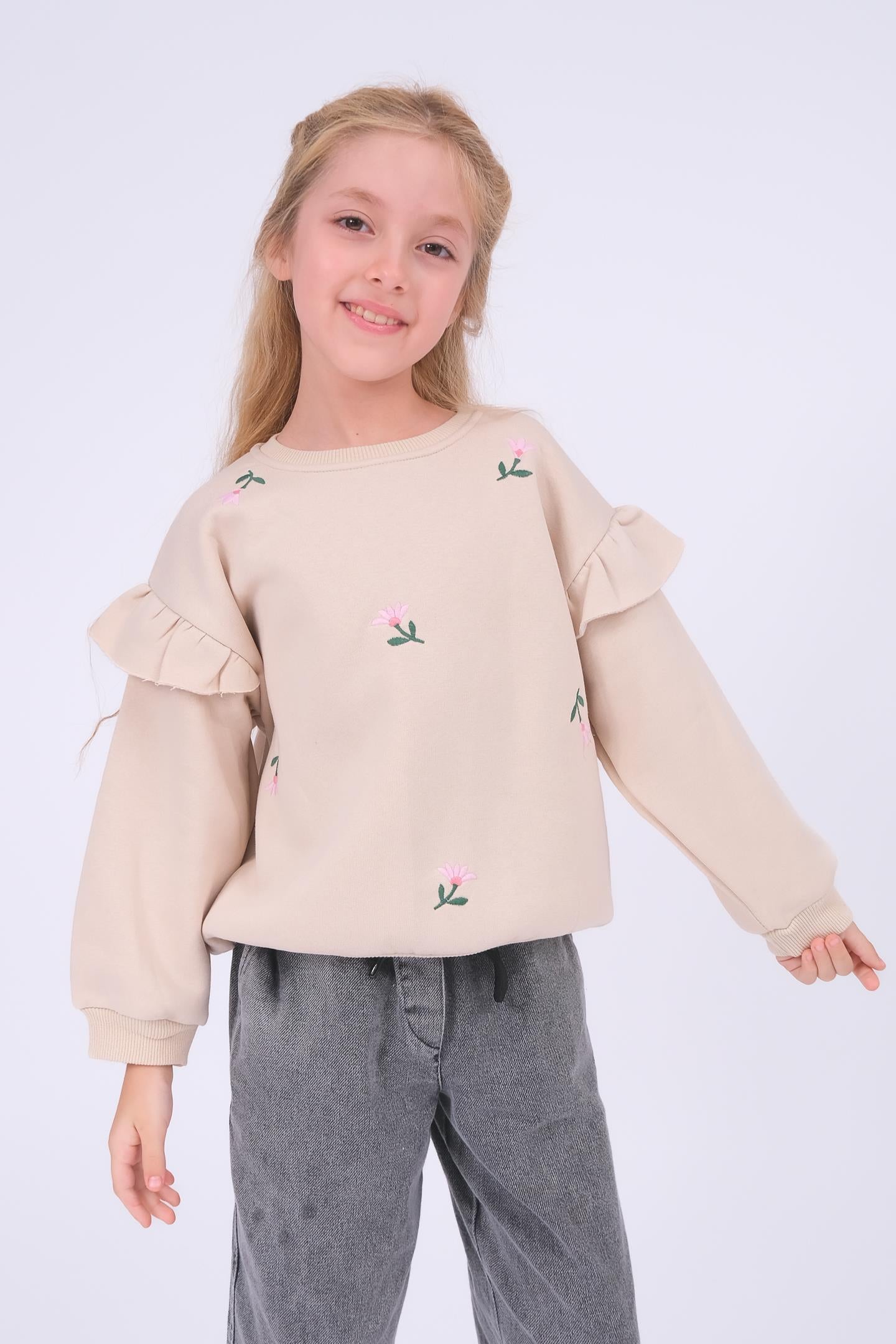 Kız Çocuk Fırfır Detaylı Çiçek İşlemeli Şardonlu Oversize Sweatshirt