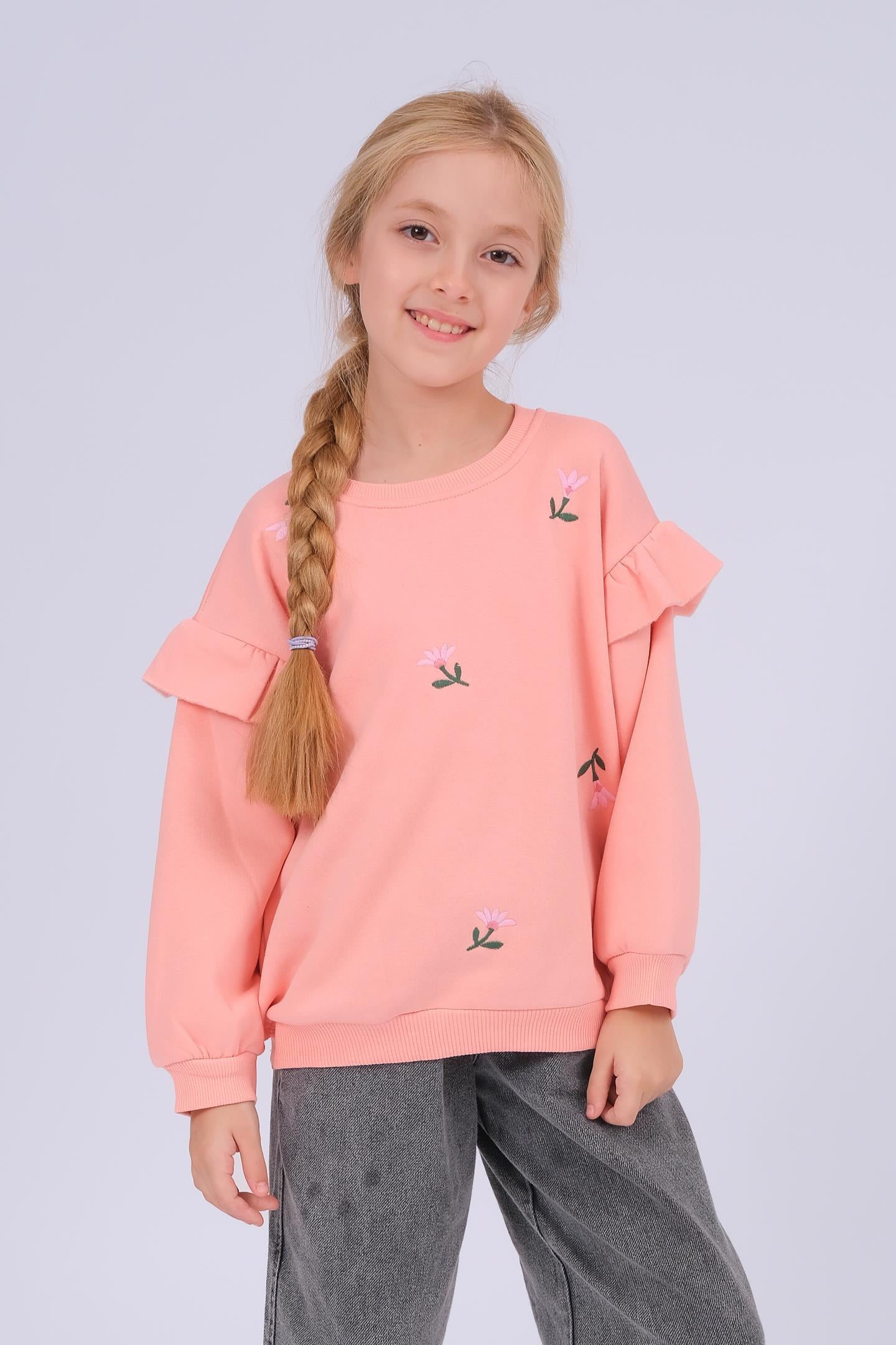Kız Çocuk Fırfır Detaylı Çiçek İşlemeli Şardonlu Oversize Sweatshirt