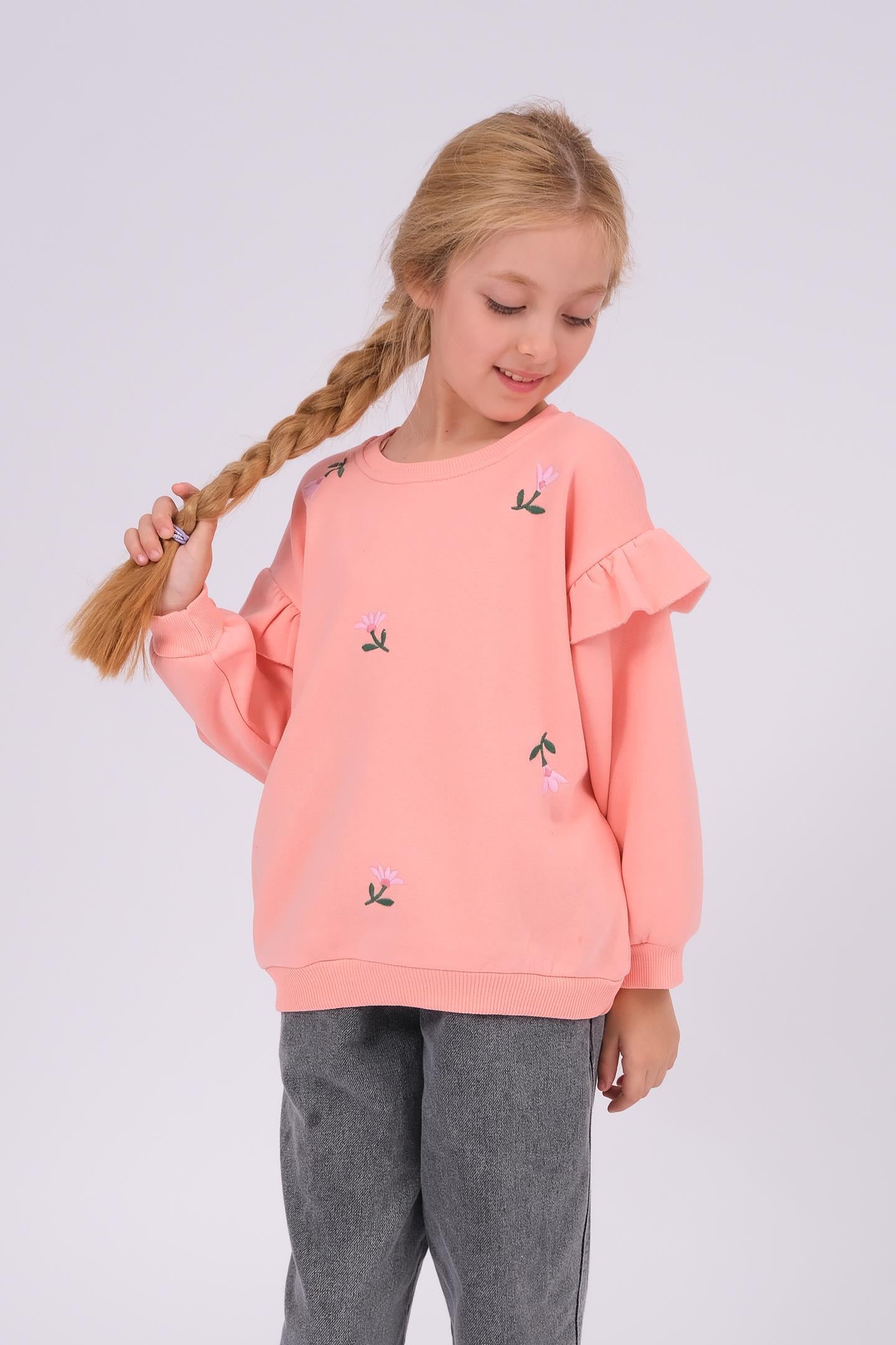 Kız Çocuk Fırfır Detaylı Çiçek İşlemeli Şardonlu Oversize Sweatshirt