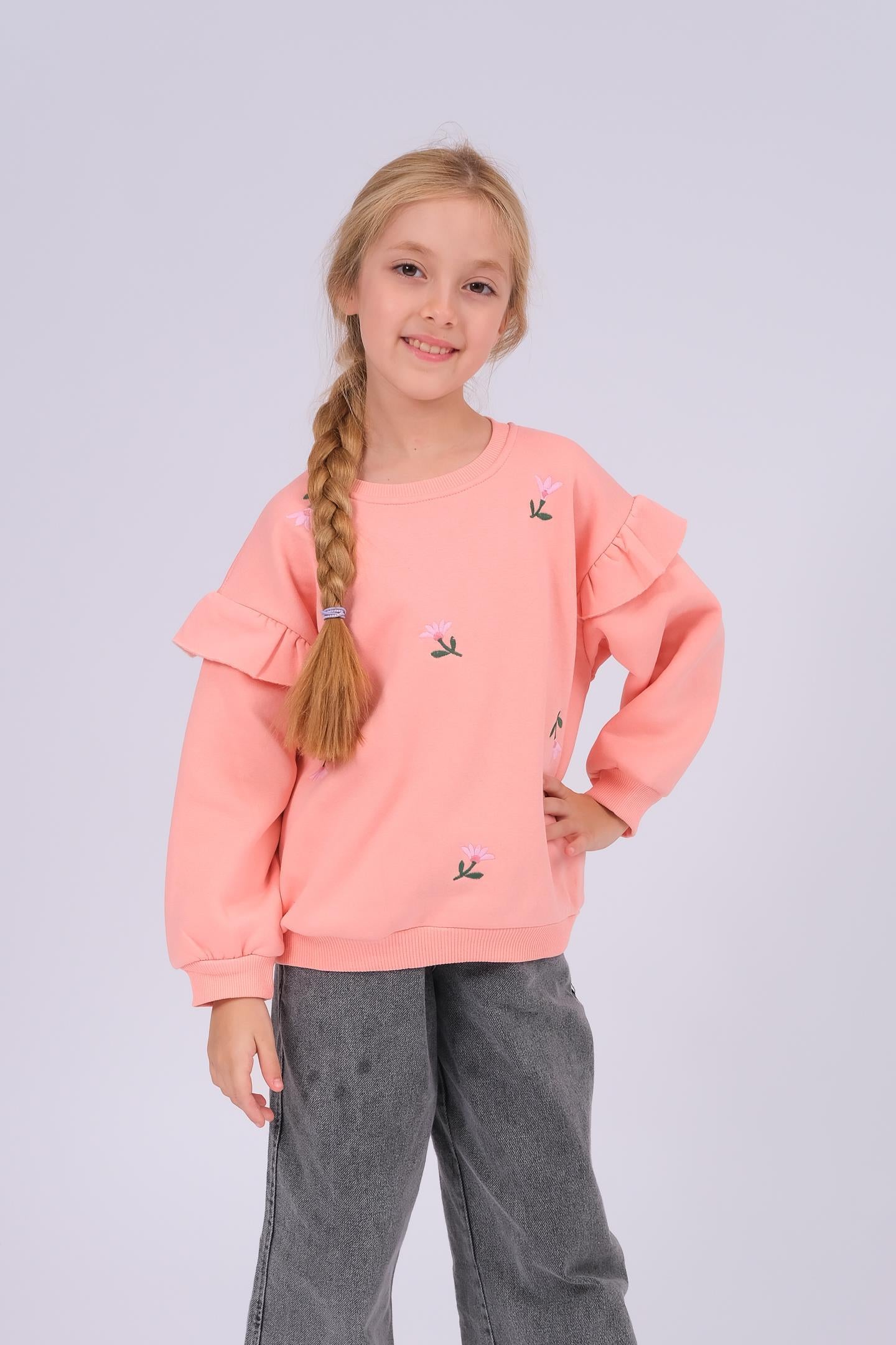 Kız Çocuk Fırfır Detaylı Çiçek İşlemeli Şardonlu Oversize Sweatshirt