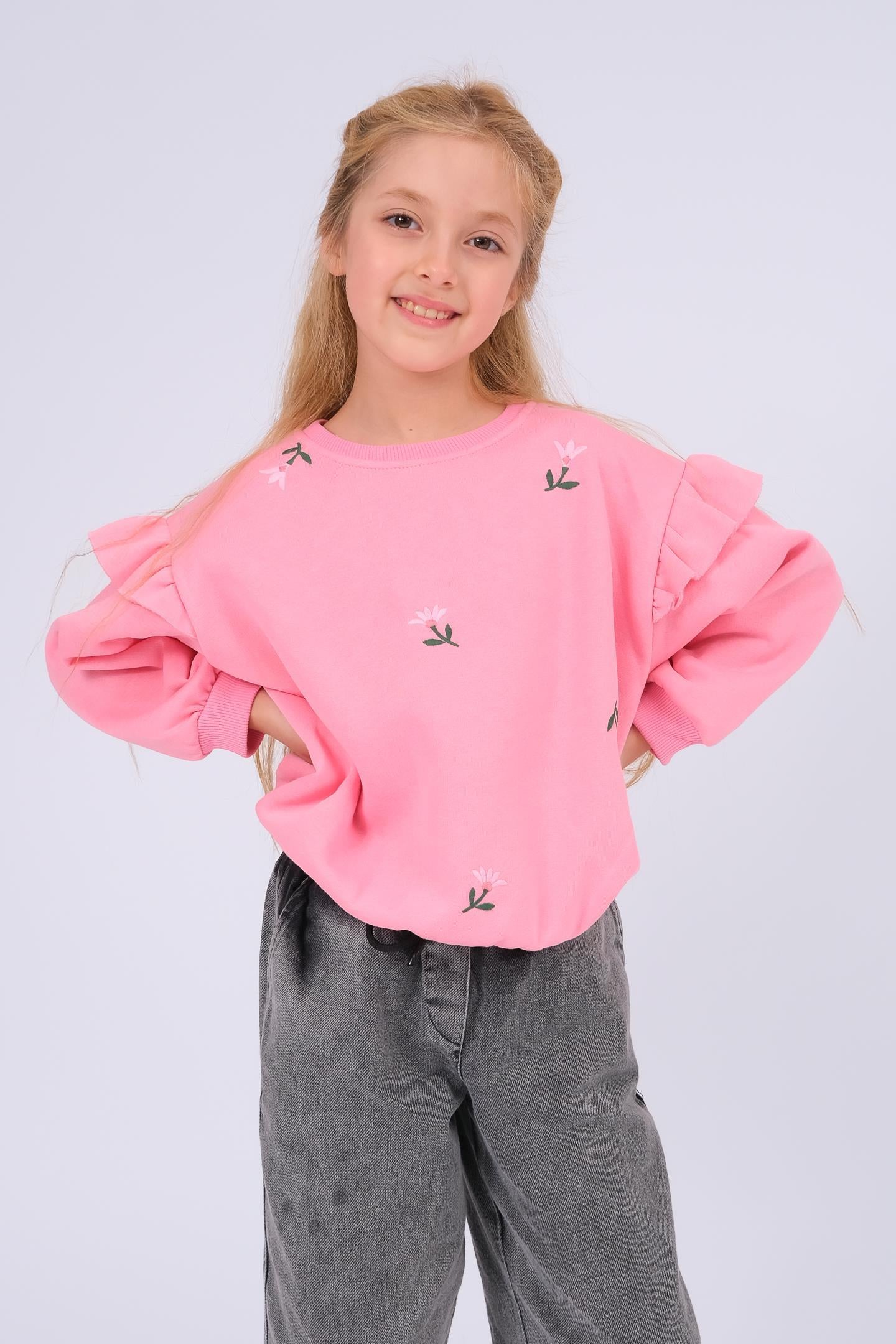 Kız Çocuk Fırfır Detaylı Çiçek İşlemeli Şardonlu Oversize Sweatshirt