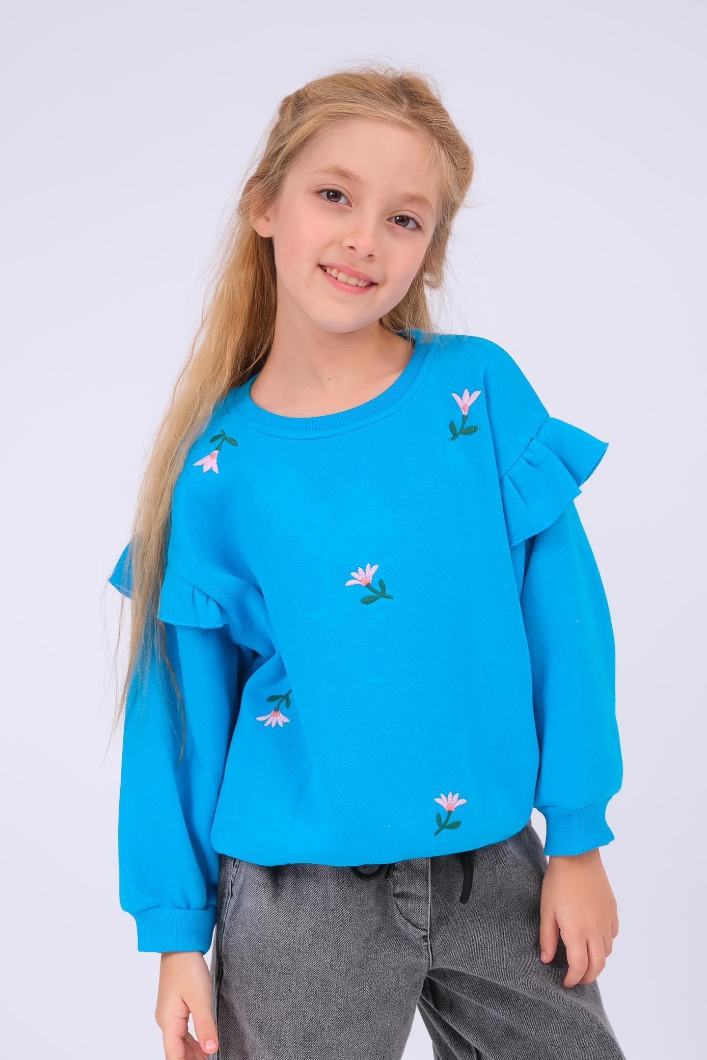 Kız Çocuk Fırfır Detaylı Çiçek İşlemeli Şardonlu Oversize Sweatshirt