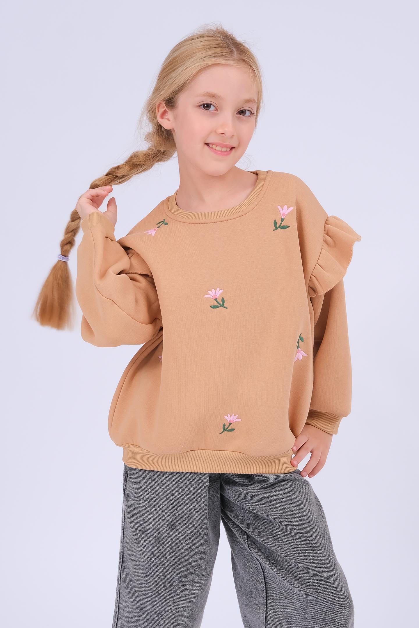 Kız Çocuk Fırfır Detaylı Çiçek İşlemeli Şardonlu Oversize Sweatshirt