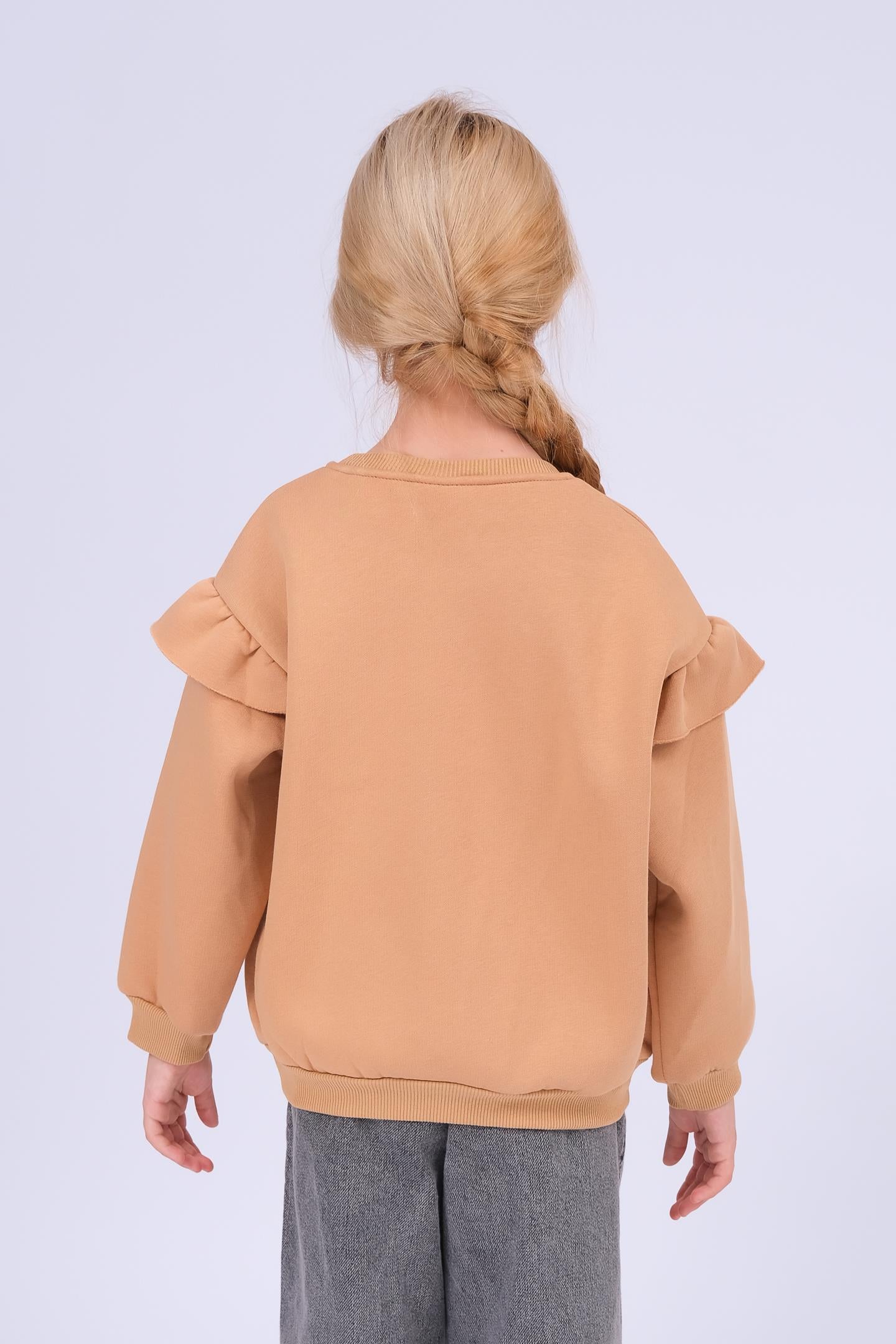 Kız Çocuk Fırfır Detaylı Çiçek İşlemeli Şardonlu Oversize Sweatshirt