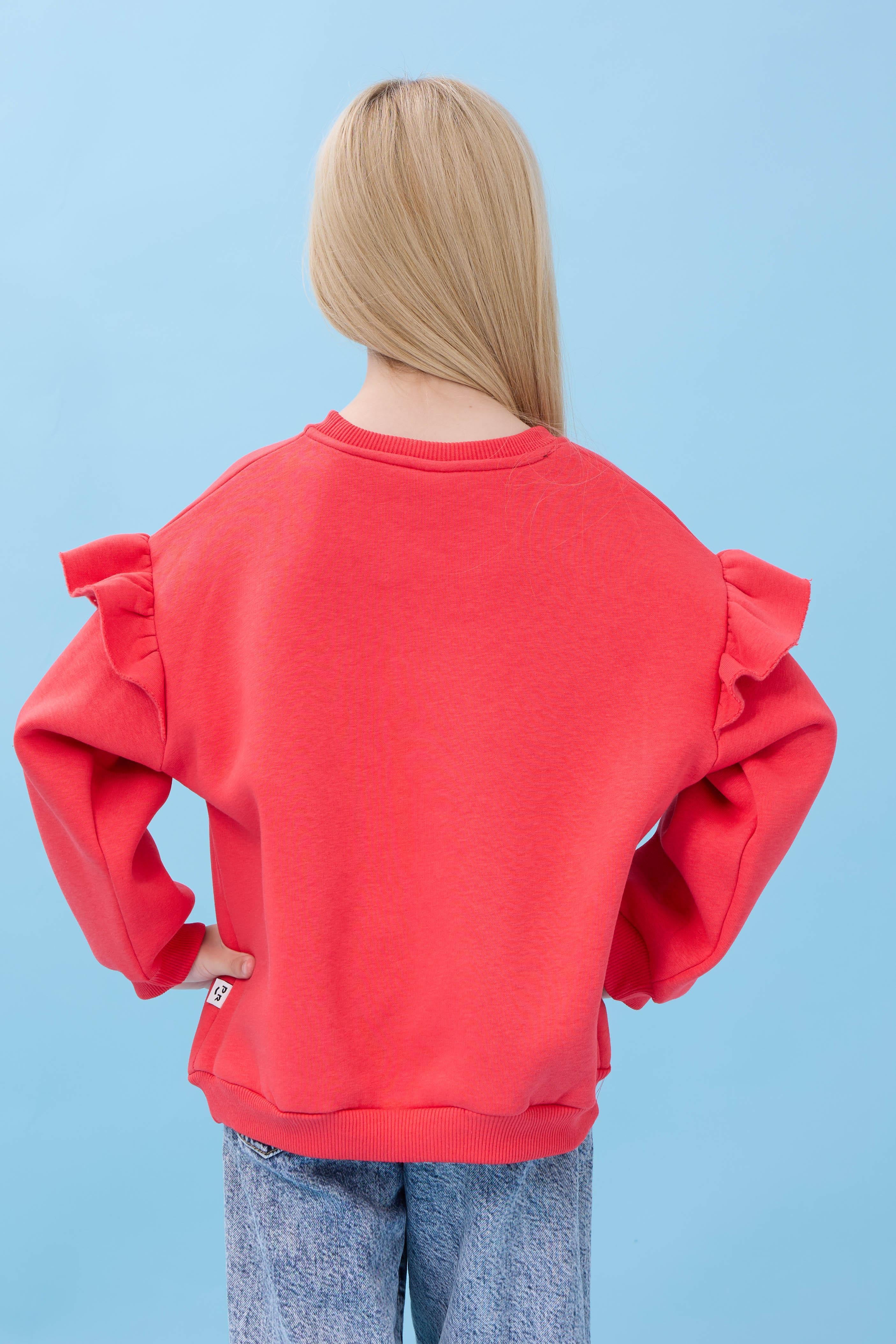 Kız Çocuk Fırfır Detaylı Çiçek İşlemeli Şardonlu Oversize Sweatshirt