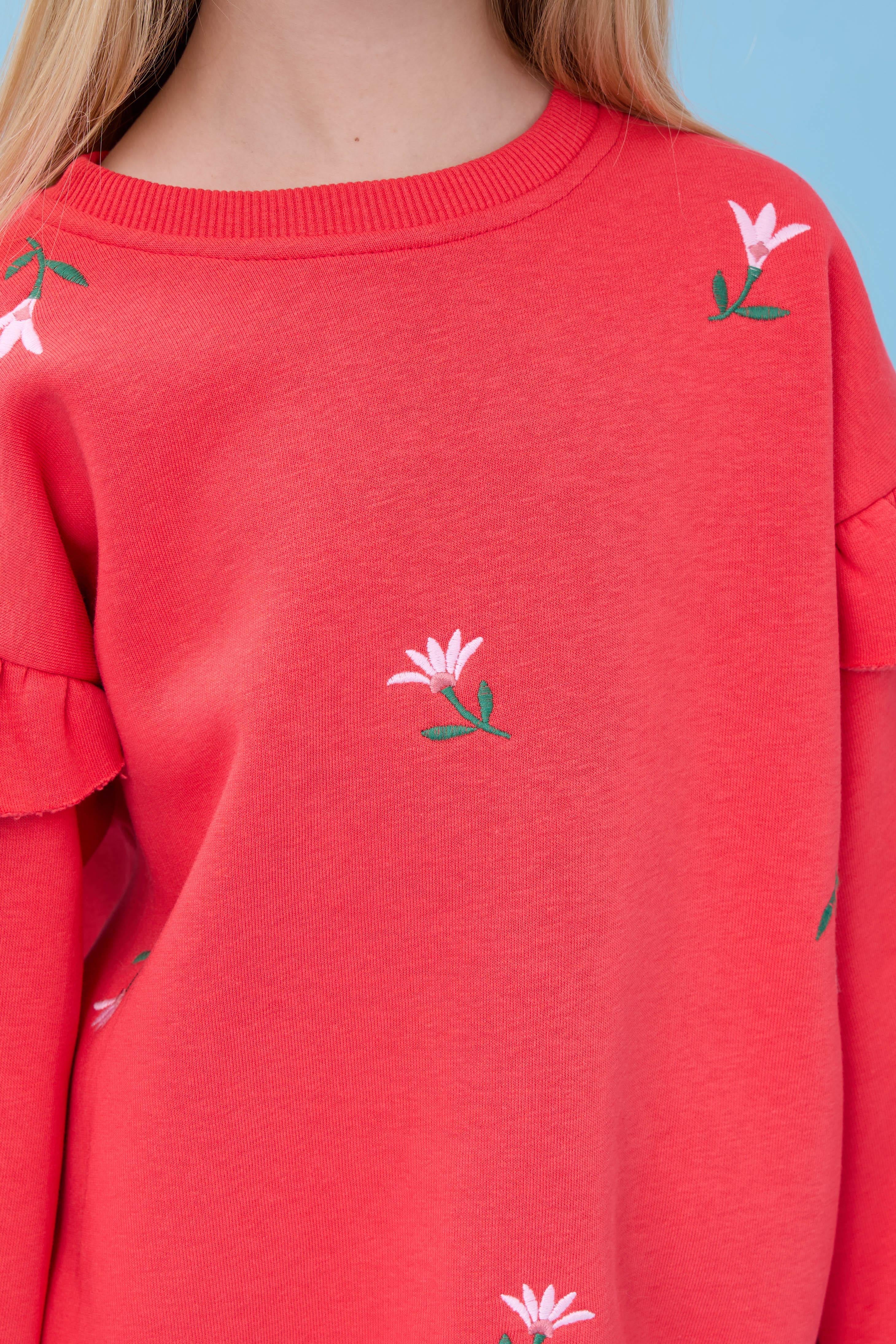 Kız Çocuk Fırfır Detaylı Çiçek İşlemeli Şardonlu Oversize Sweatshirt