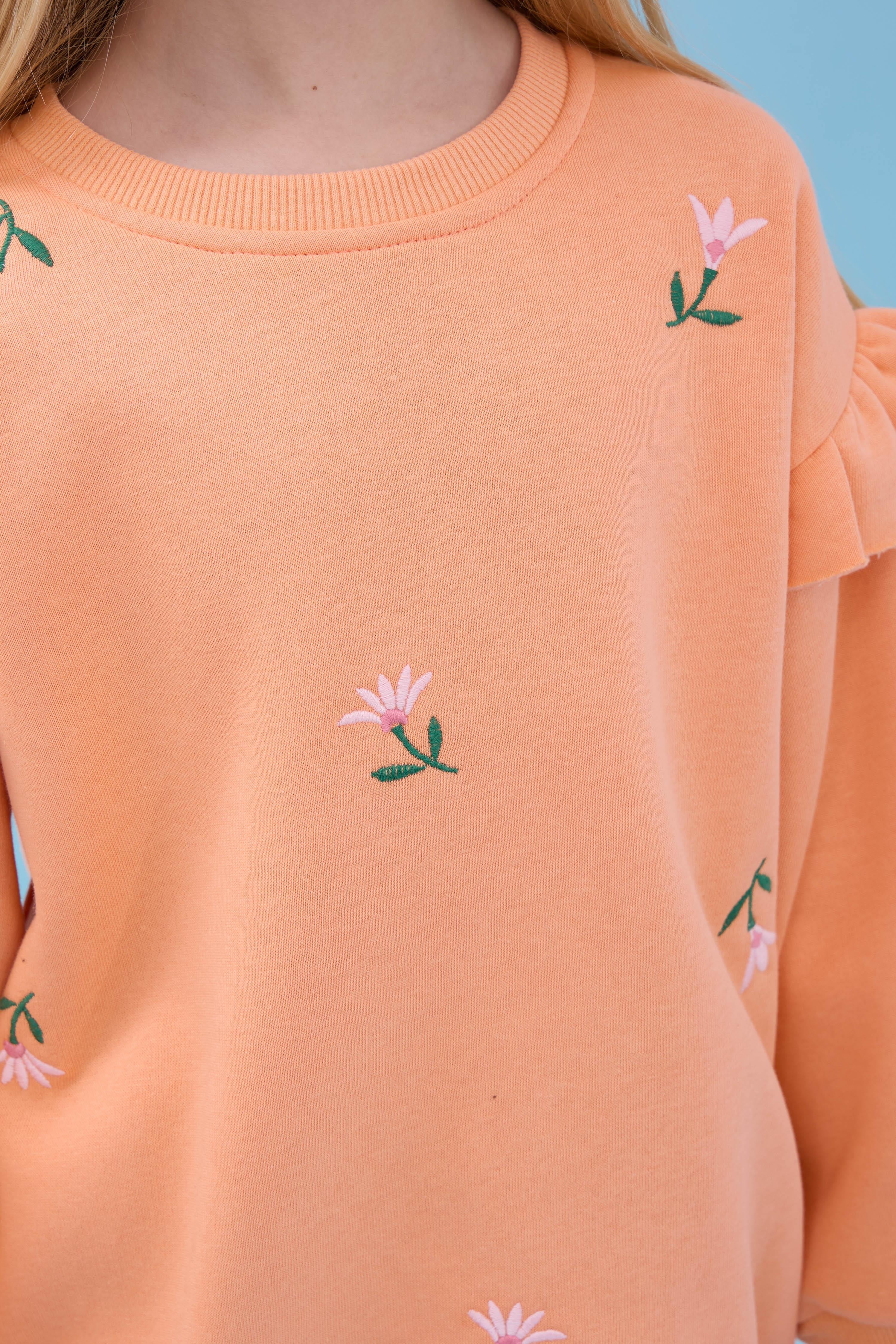 Kız Çocuk Fırfır Detaylı Çiçek İşlemeli Şardonlu Oversize Sweatshirt