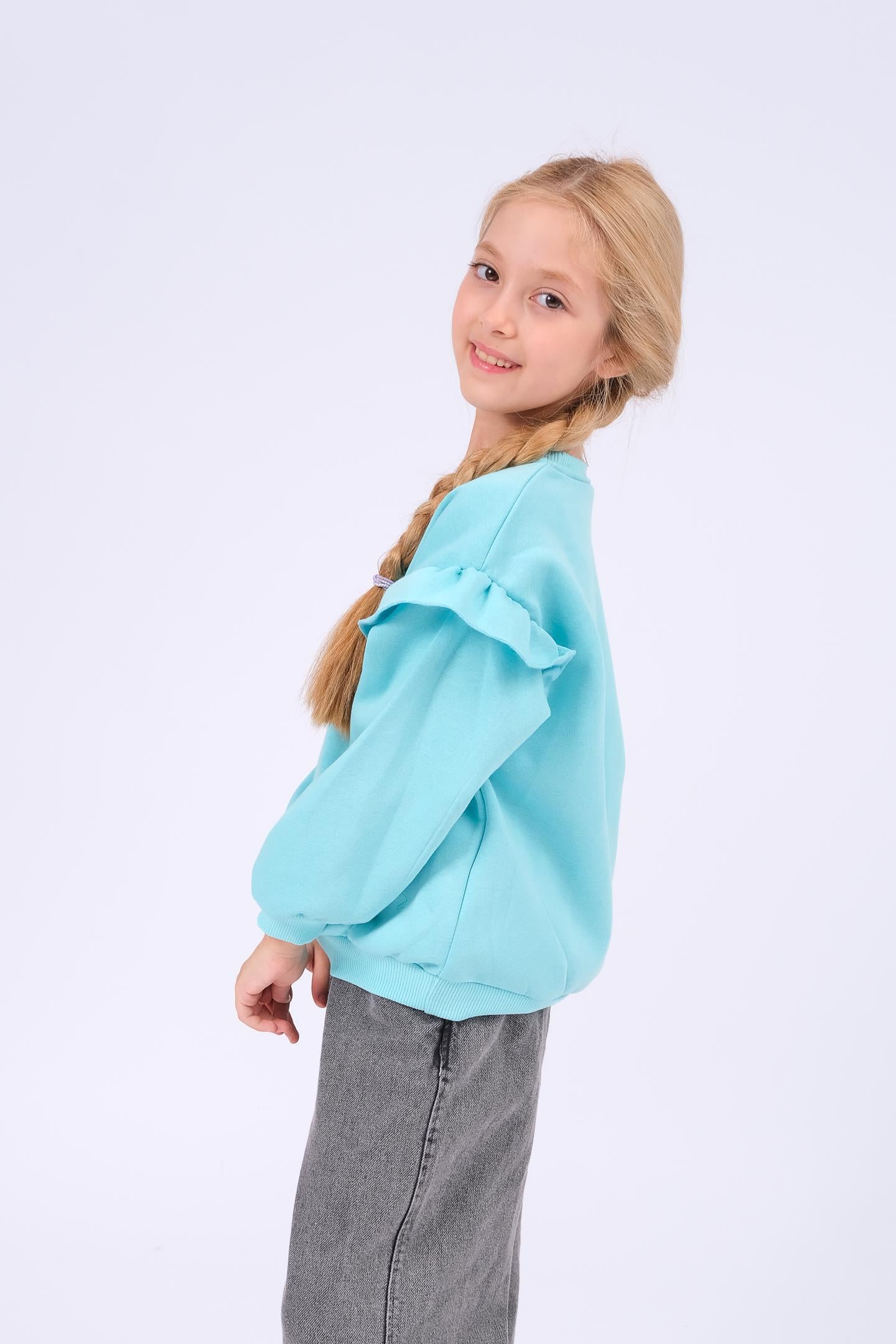 Kız Çocuk Fırfır Detaylı Çiçek İşlemeli Şardonlu Oversize Sweatshirt