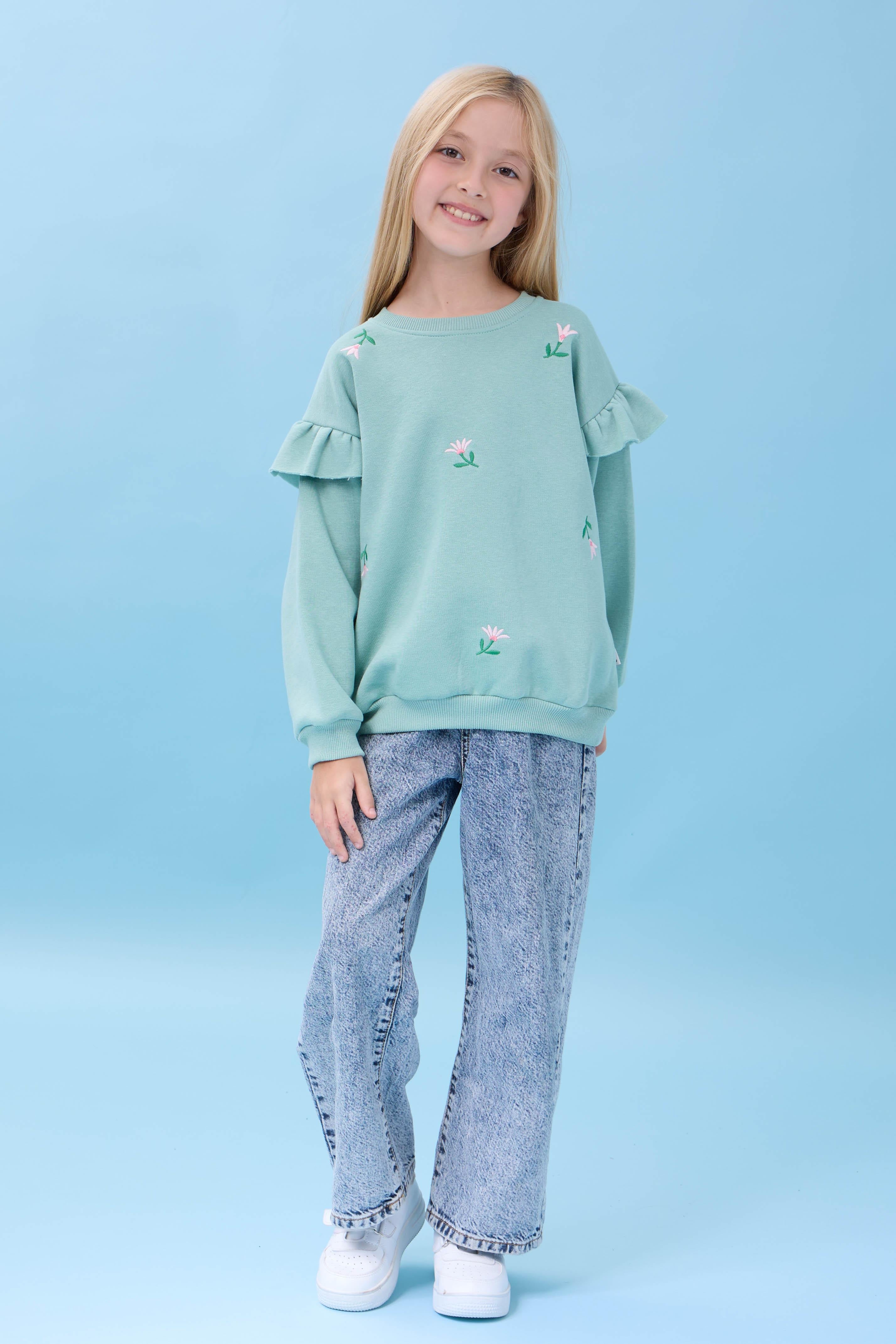 Kız Çocuk Fırfır Detaylı Çiçek İşlemeli Şardonlu Oversize Sweatshirt - Çağla