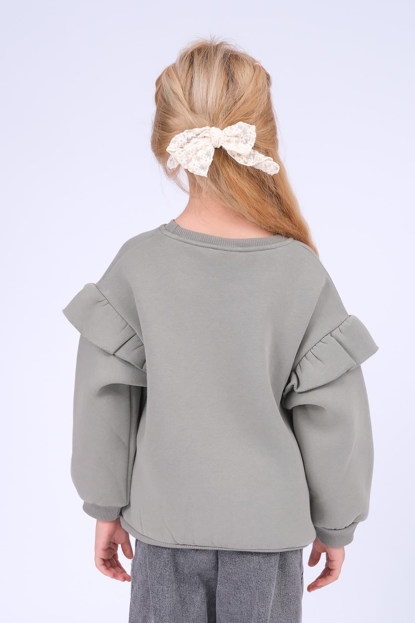 Kız Çocuk Fırfır Detaylı Çiçek İşlemeli Şardonlu Oversize Sweatshirt - Gri