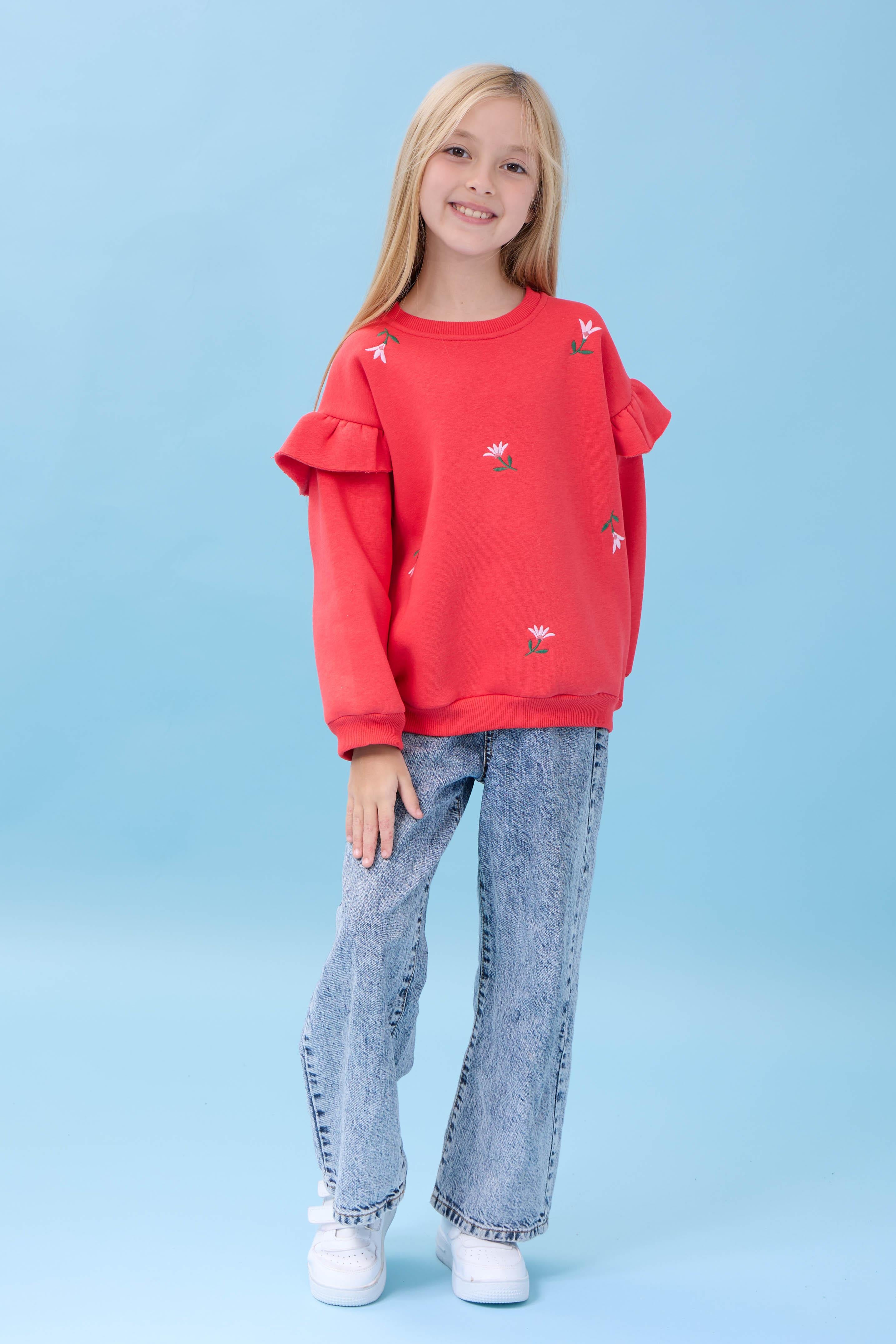 Kız Çocuk Fırfır Detaylı Çiçek İşlemeli Şardonlu Oversize Sweatshirt - Nar Çiçeği