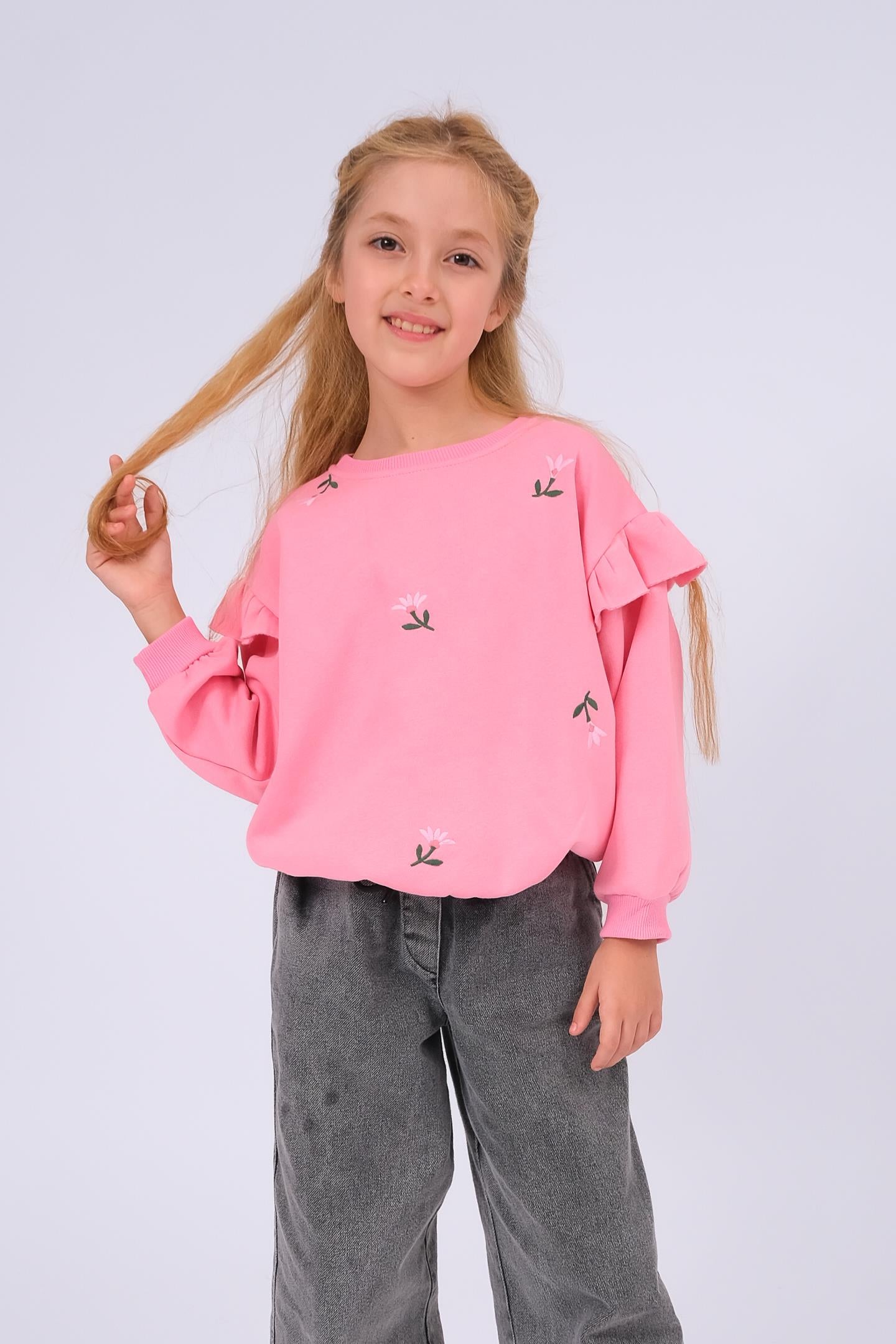 Kız Çocuk Fırfır Detaylı Çiçek İşlemeli Şardonlu Oversize Sweatshirt - Pembe