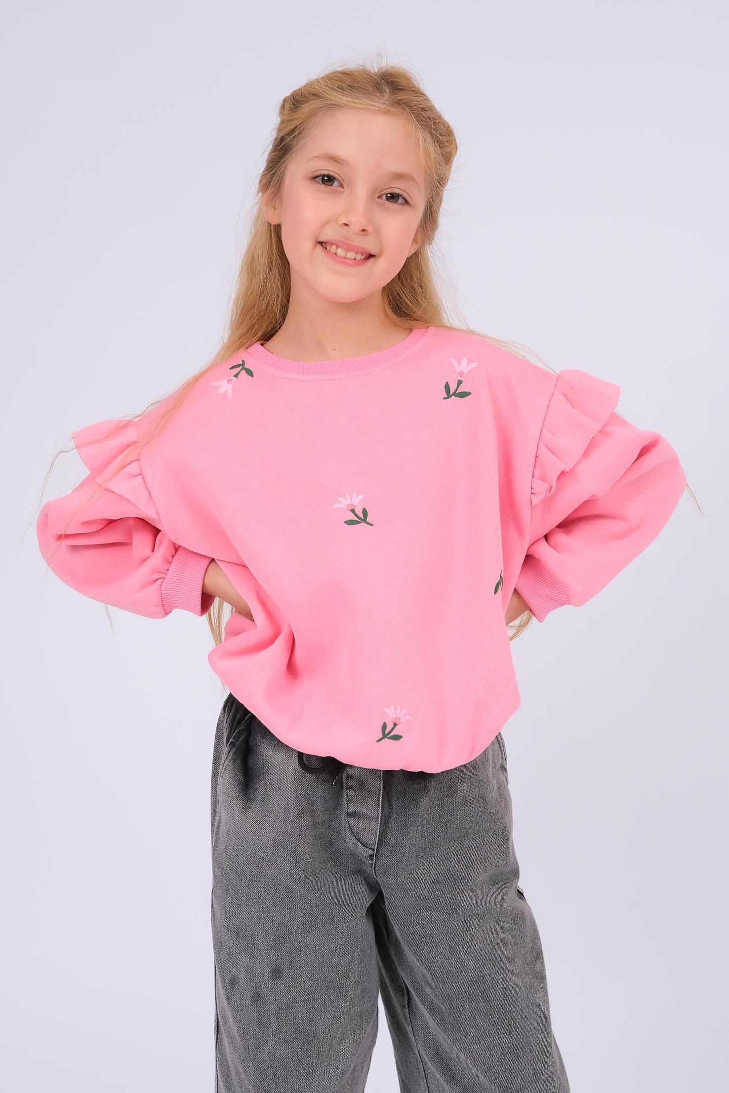Kız Çocuk Fırfır Detaylı Çiçek İşlemeli Şardonlu Oversize Sweatshirt - Pembe
