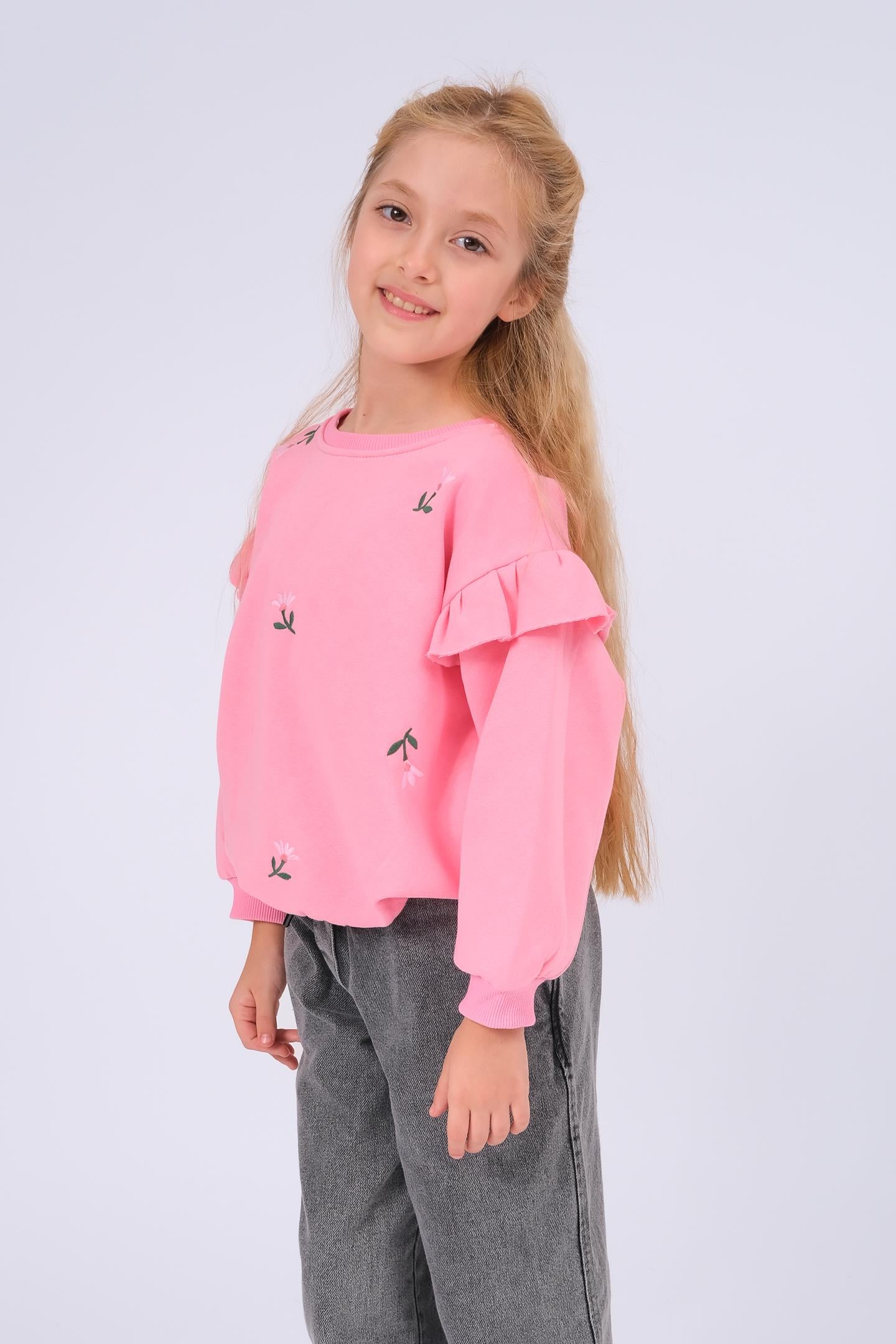 Kız Çocuk Fırfır Detaylı Çiçek İşlemeli Şardonlu Oversize Sweatshirt - Pembe