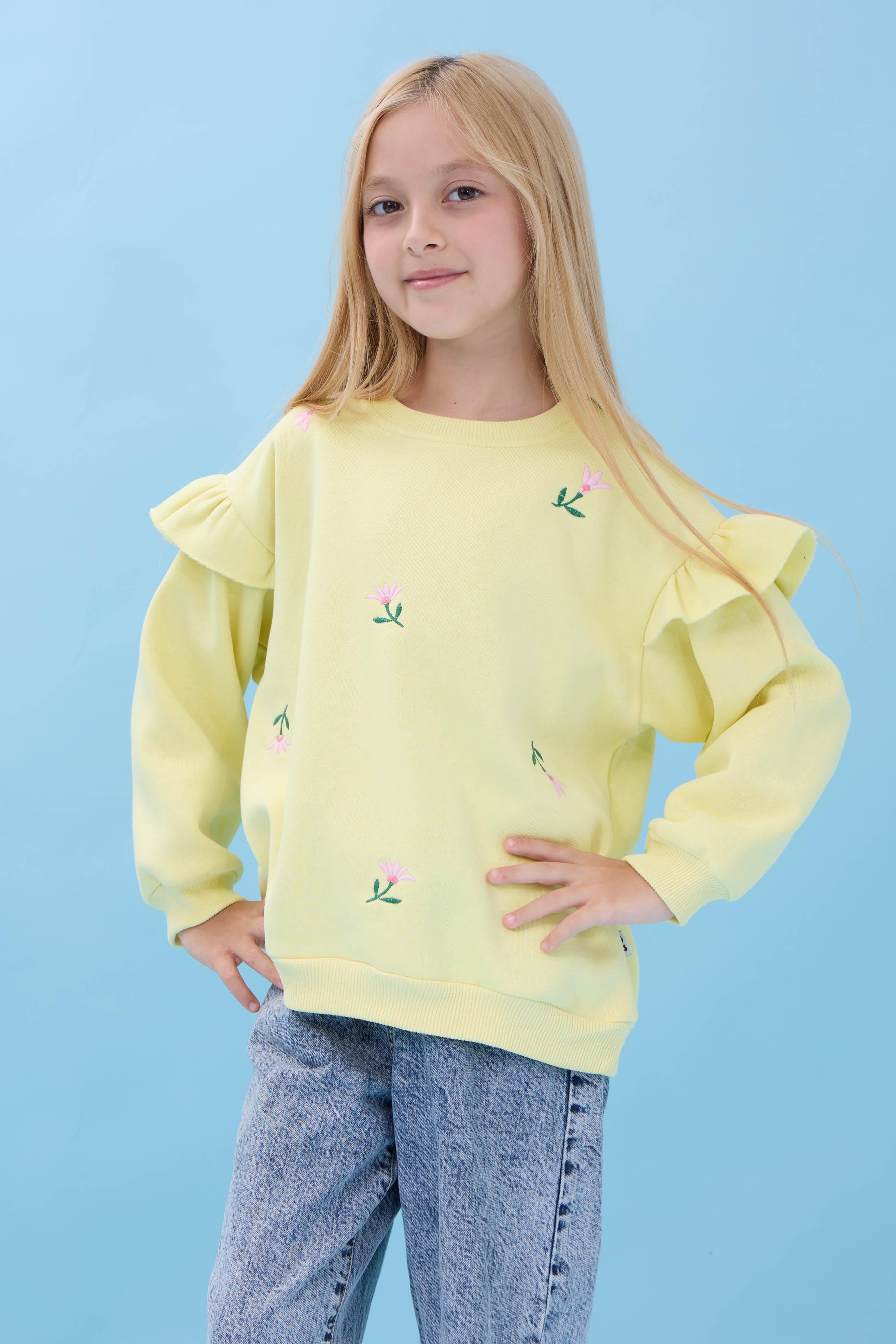 Kız Çocuk Fırfır Detaylı Çiçek İşlemeli Şardonlu Oversize Sweatshirt - Sarı