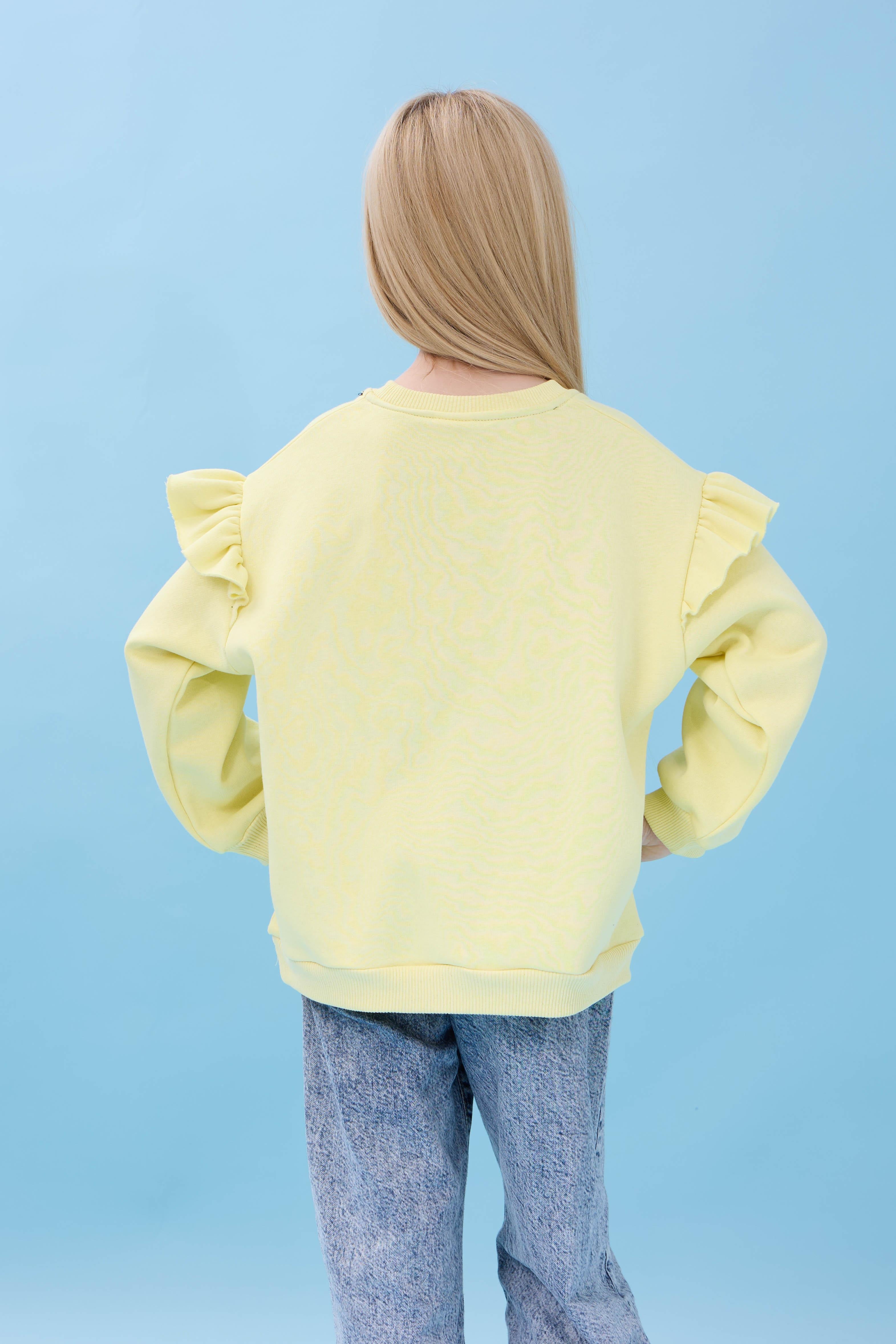 Kız Çocuk Fırfır Detaylı Çiçek İşlemeli Şardonlu Oversize Sweatshirt - Sarı