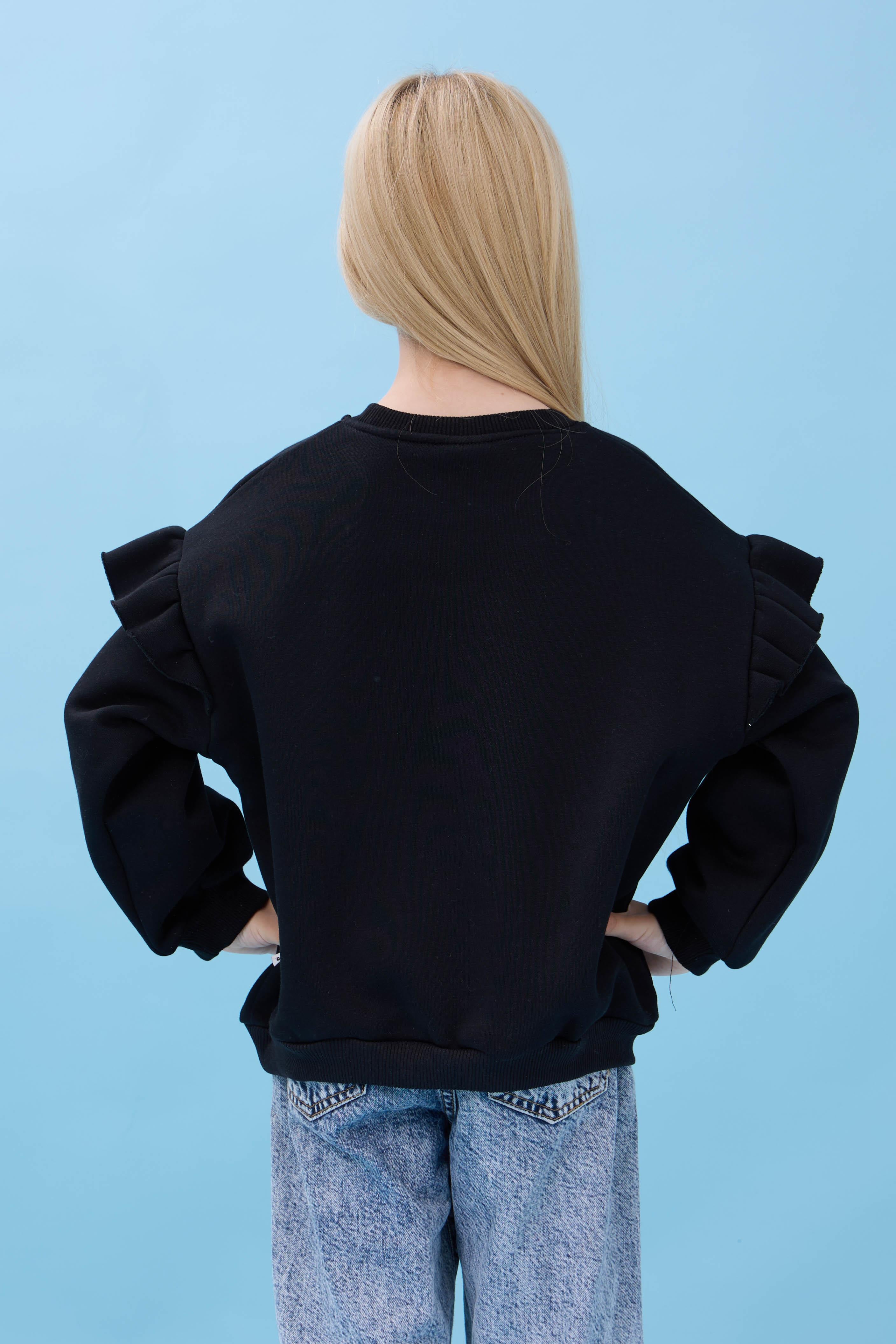 Kız Çocuk Fırfır Detaylı Çiçek İşlemeli Şardonlu Oversize Sweatshirt - Siyah