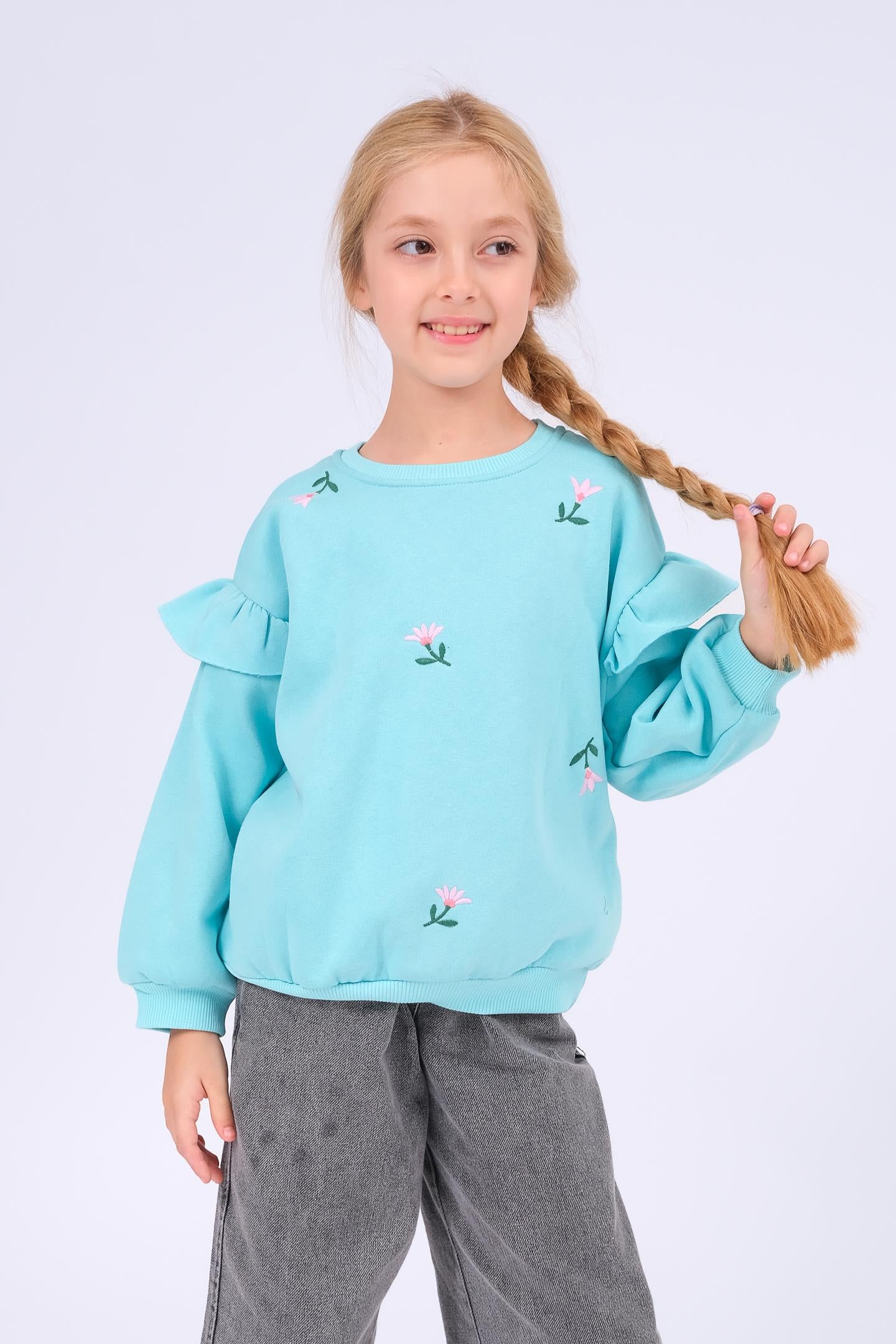 Kız Çocuk Fırfır Detaylı Çiçek İşlemeli Şardonlu Oversize Sweatshirt - Su Yeşili