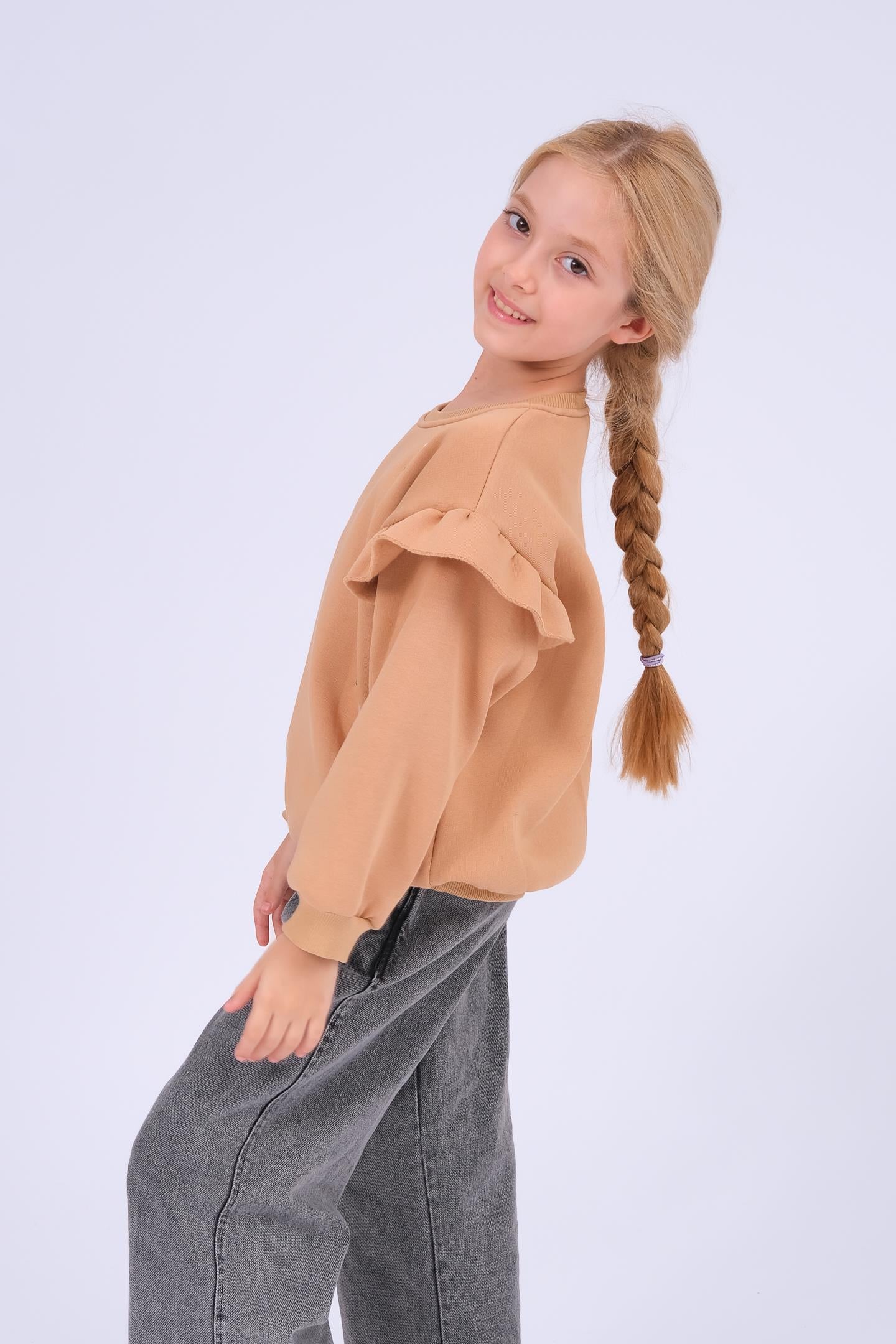 Kız Çocuk Fırfır Detaylı Çiçek İşlemeli Şardonlu Oversize Sweatshirt - Toprak