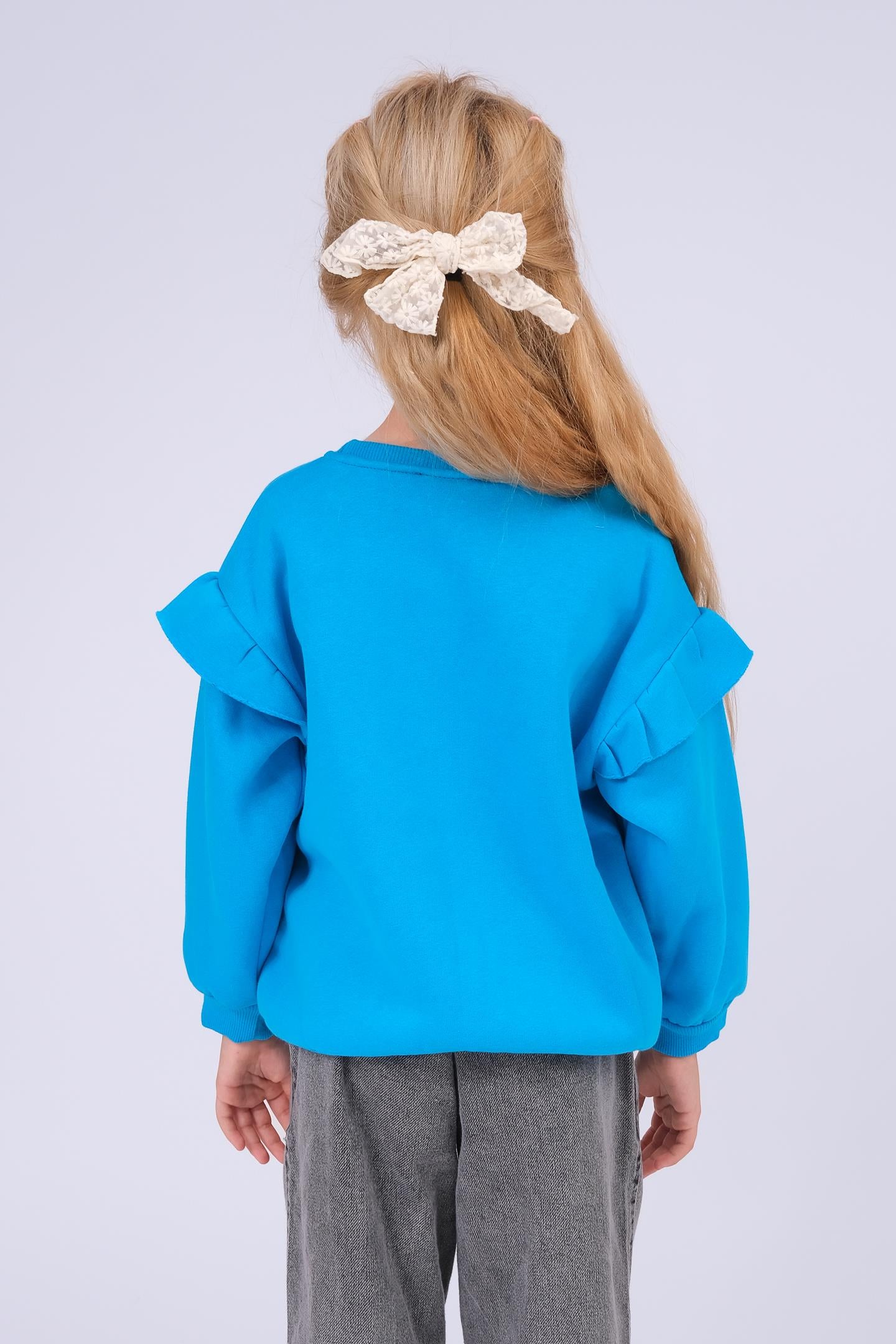 Kız Çocuk Fırfır Detaylı Çiçek İşlemeli Şardonlu Oversize Sweatshirt - Turkuaz