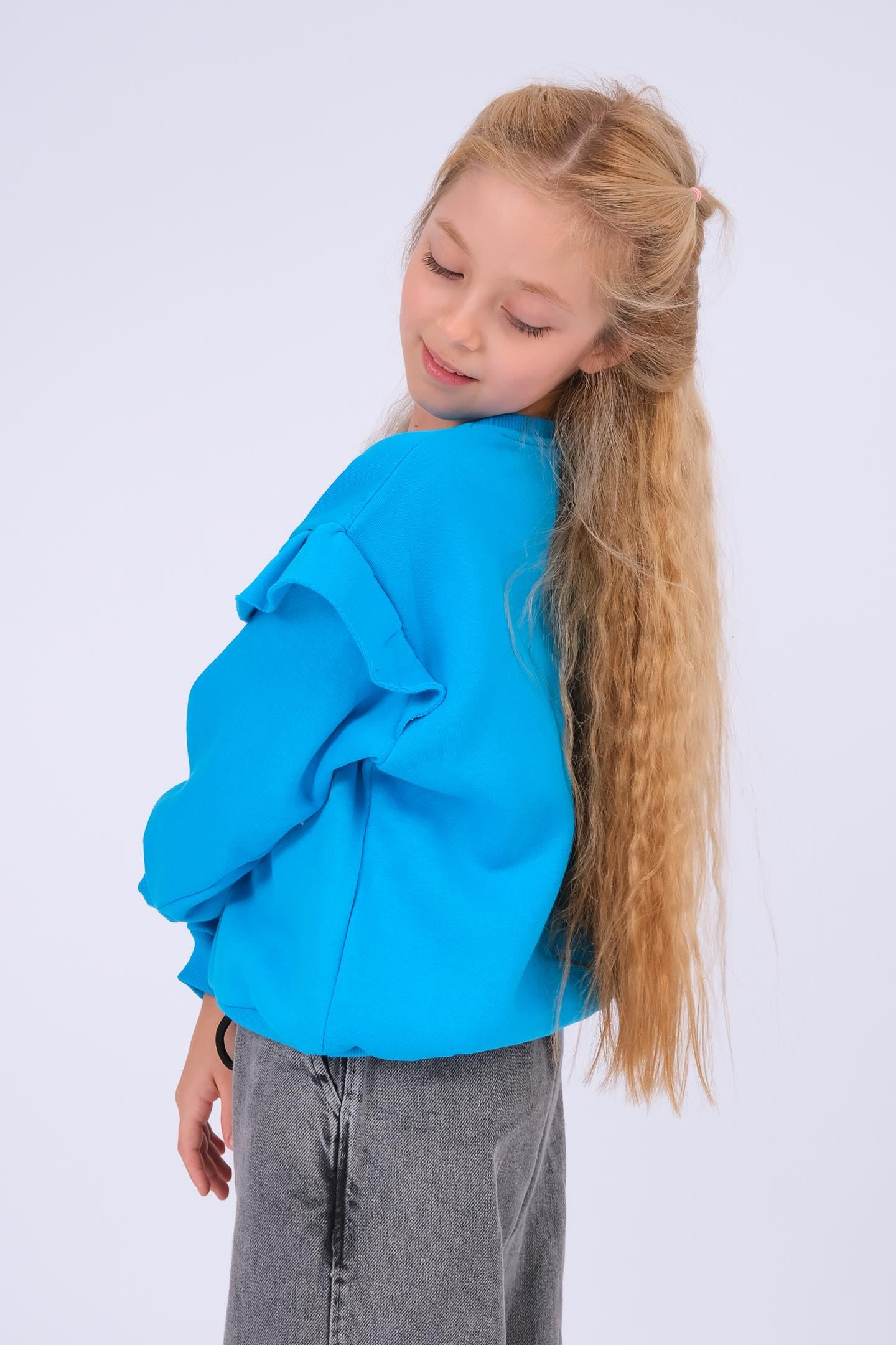 Kız Çocuk Fırfır Detaylı Çiçek İşlemeli Şardonlu Oversize Sweatshirt - Turkuaz