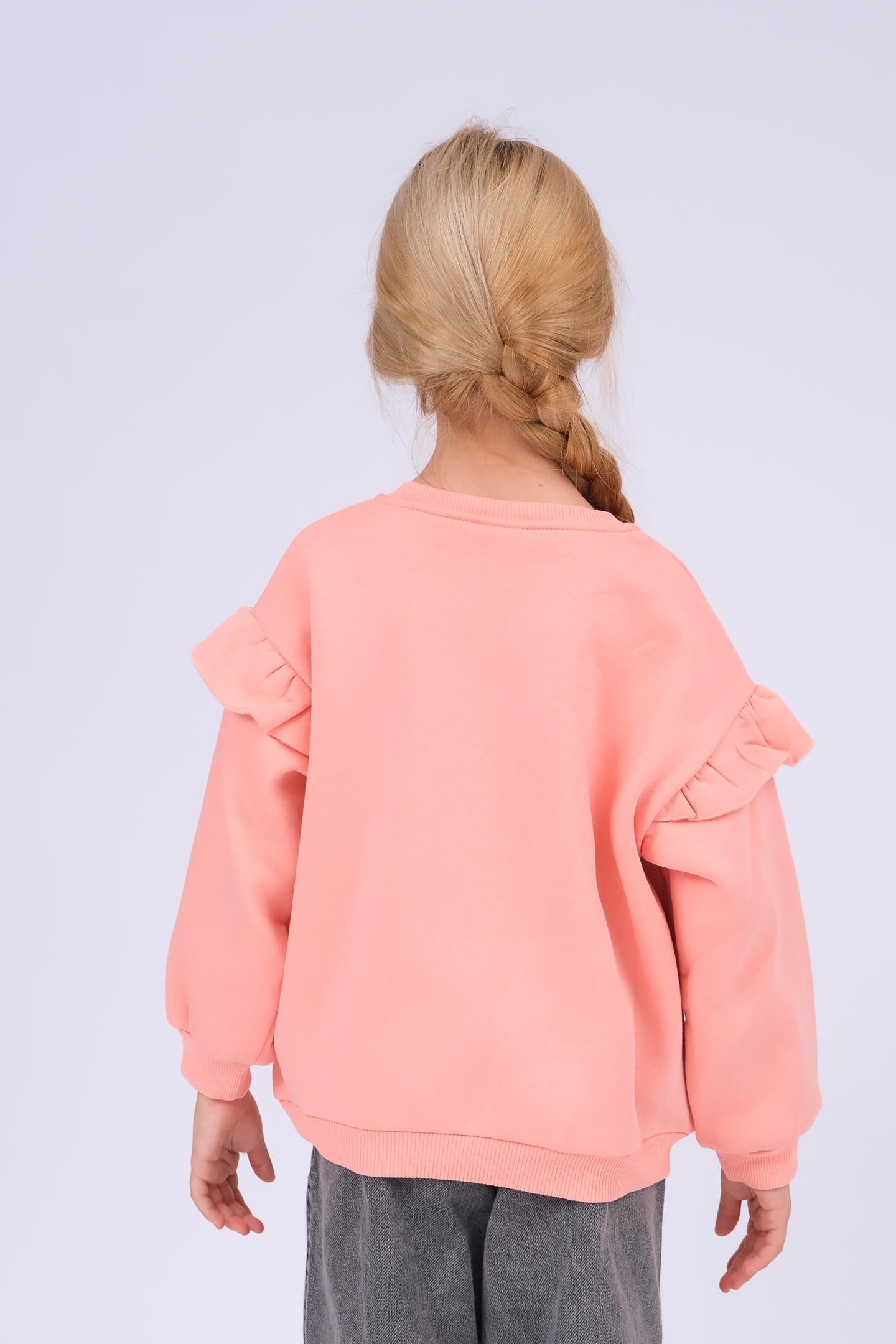 Kız Çocuk Fırfır Detaylı Çiçek İşlemeli Şardonlu Oversize Sweatshirt - Yavruağzı