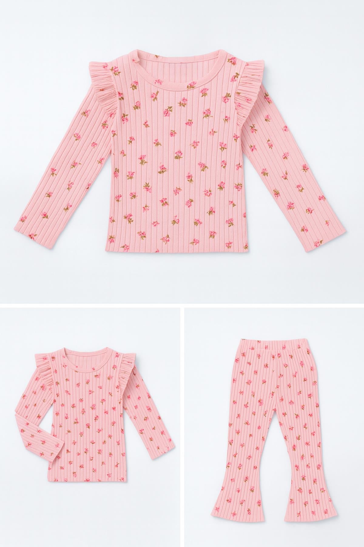 Kız Çocuk Fırfır Kol Çiçekli Fitilli Takım – Pudra