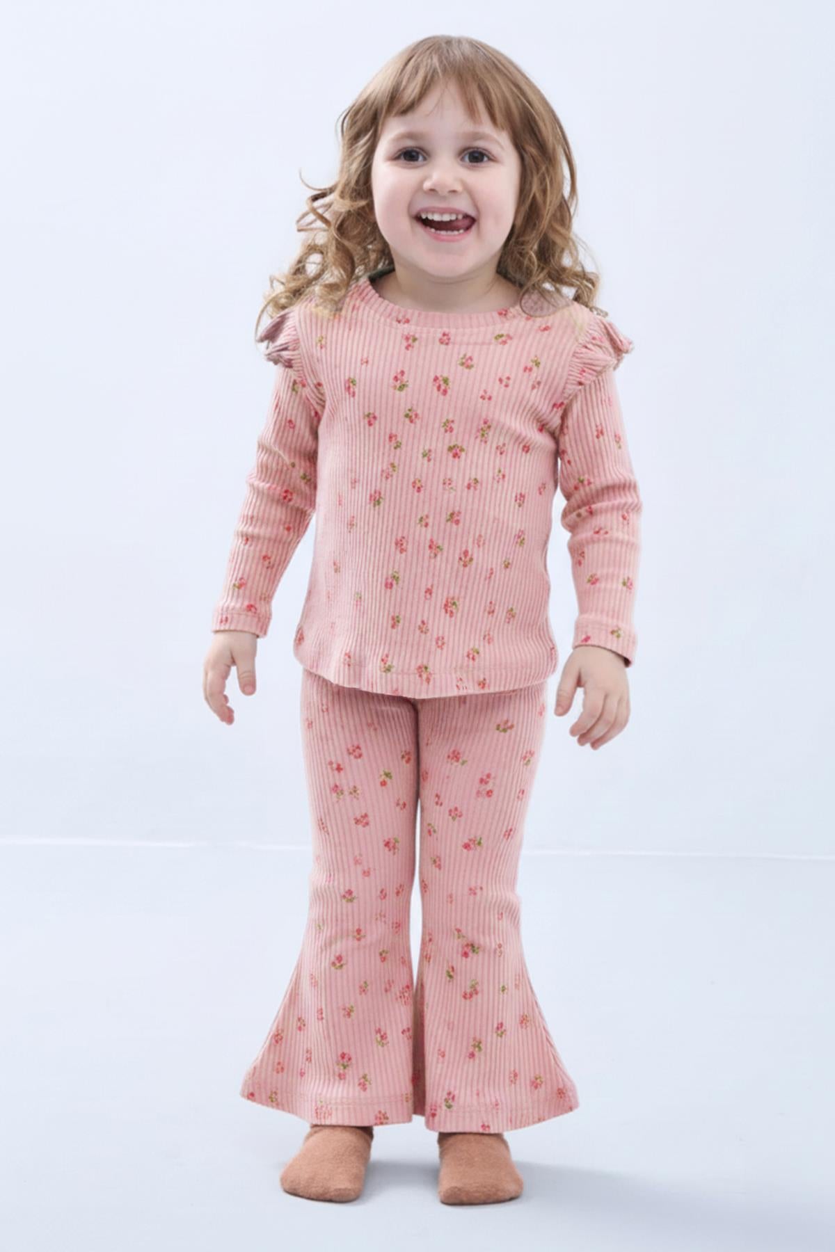 Kız Çocuk Fırfır Kol Çiçekli Fitilli Takım – Pudra