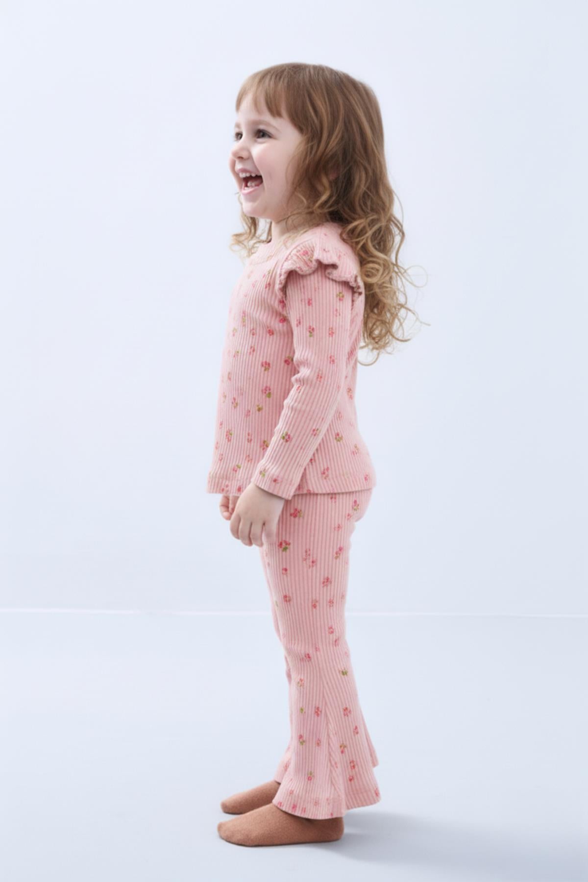 Kız Çocuk Fırfır Kol Çiçekli Fitilli Takım – Pudra