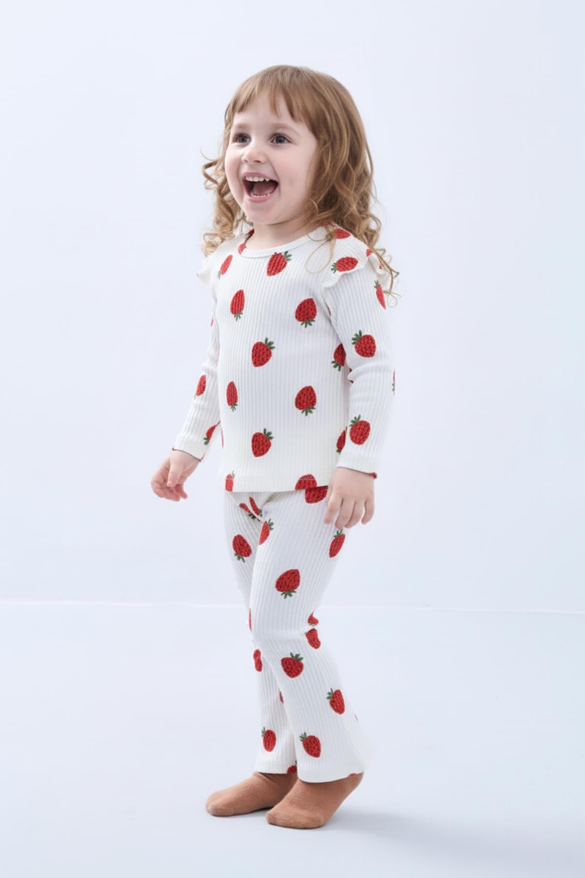 Kız Çocuk Fırfır Kol Çilekli Fitilli Takım – Ekru
